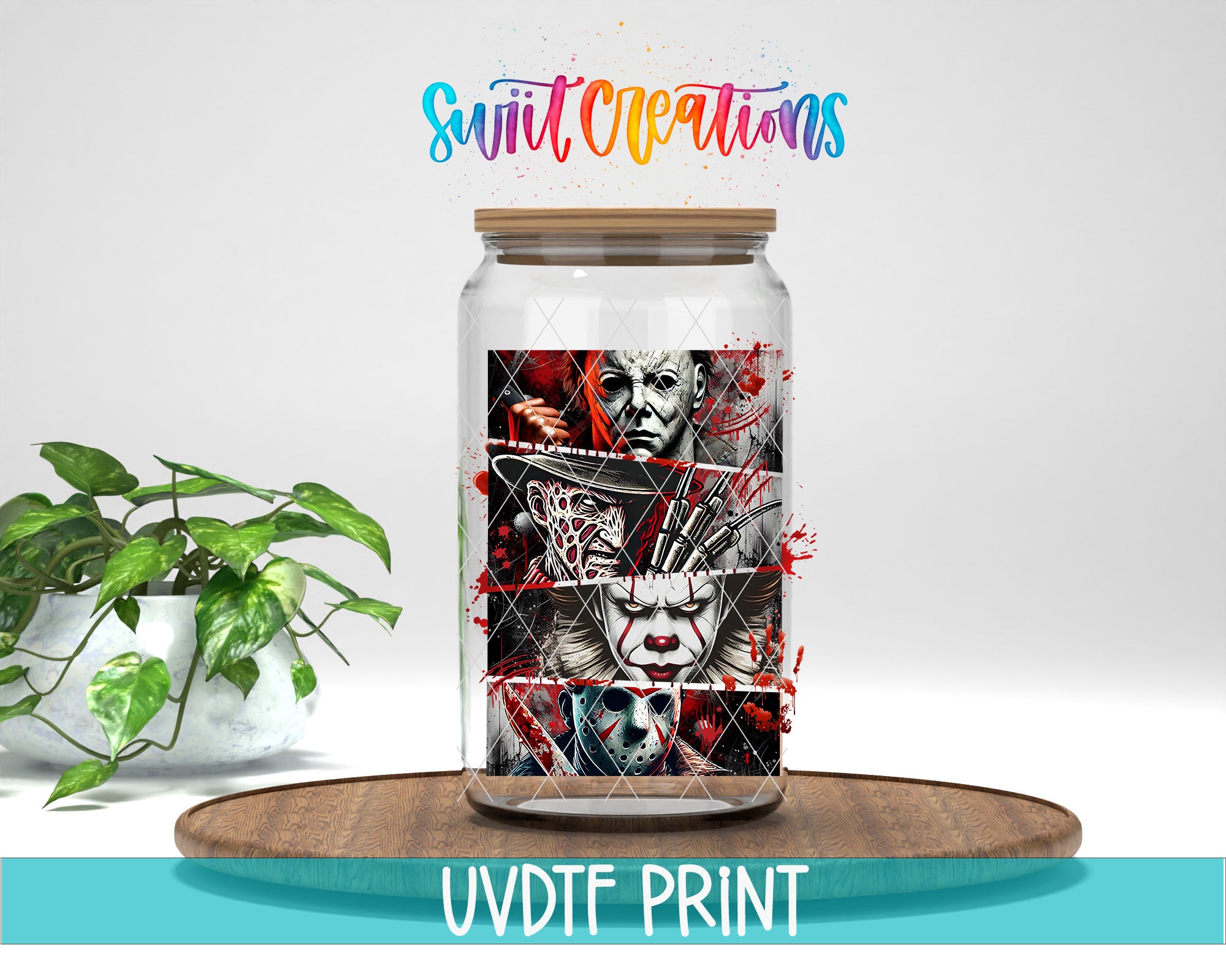 a glass jar with a picture of clowns on it