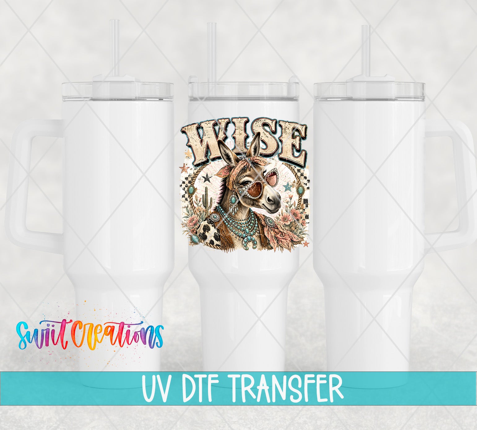three white tumblers with a colorful design on the front, including a horse and floral elements.