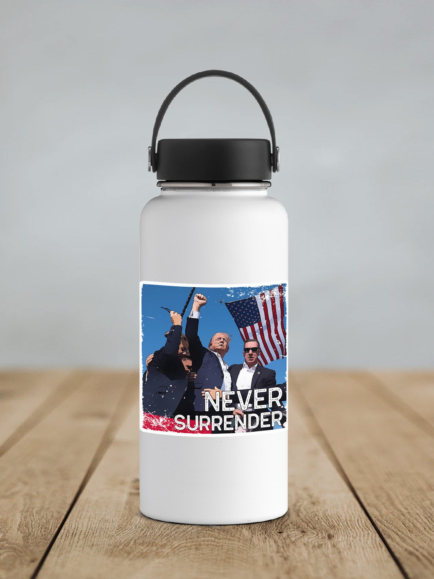 a white water bottle with a picture of two men on it