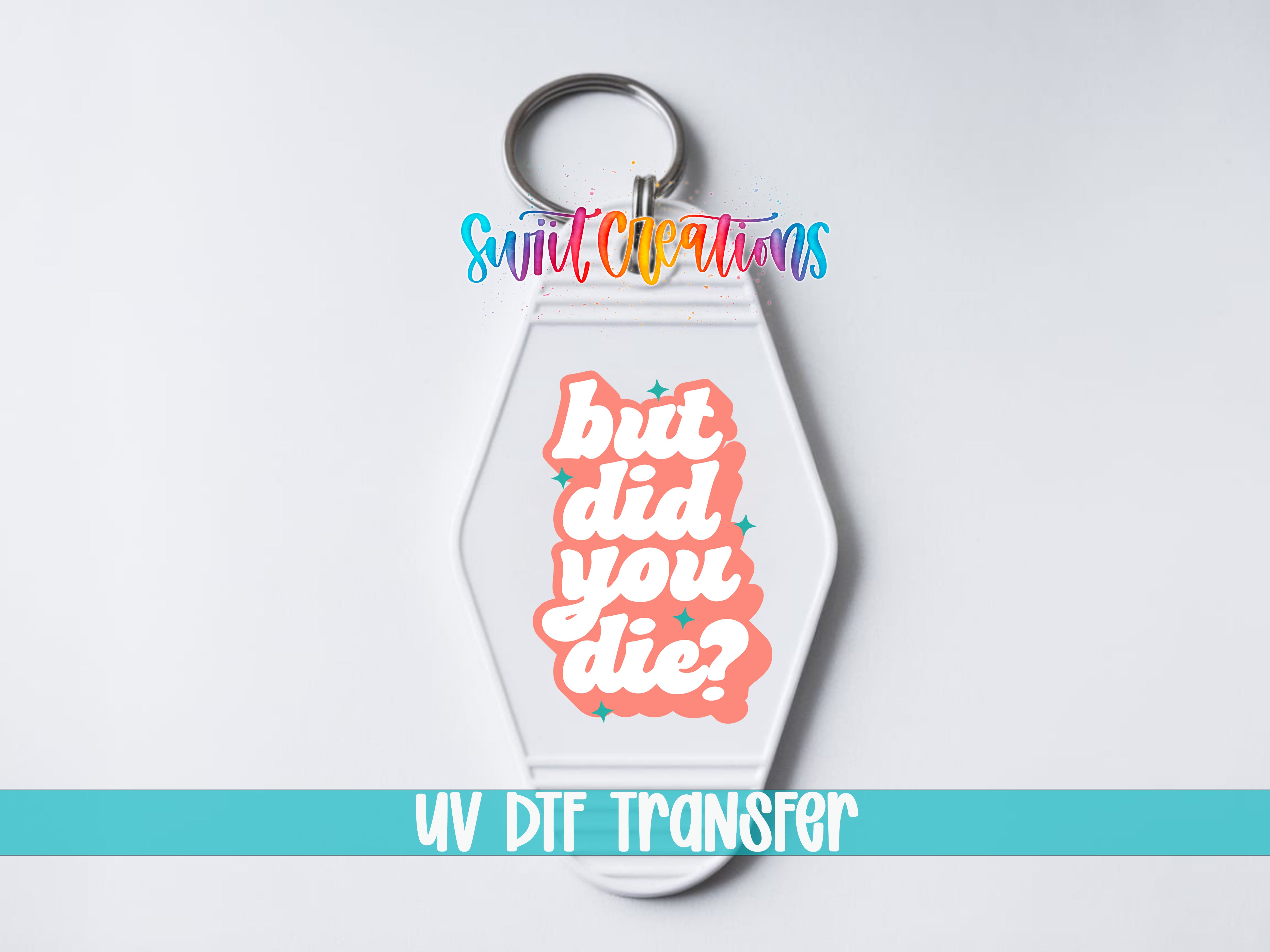 A keychain with a colorful design and text on it.