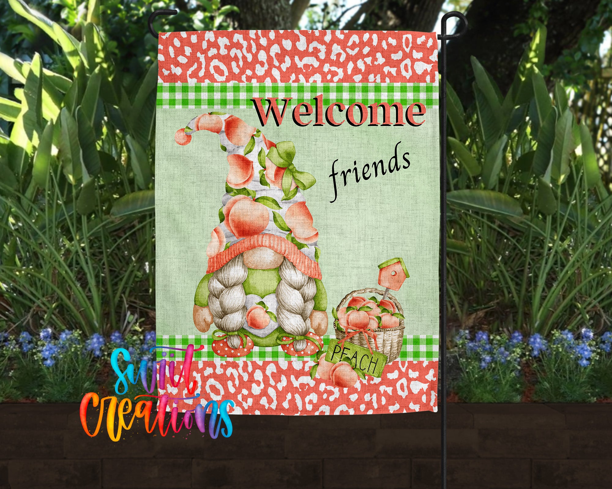 A garden gnome holding a basket of peaches, with the text "Welcome friends" and "PEACH" displayed on the gnome.