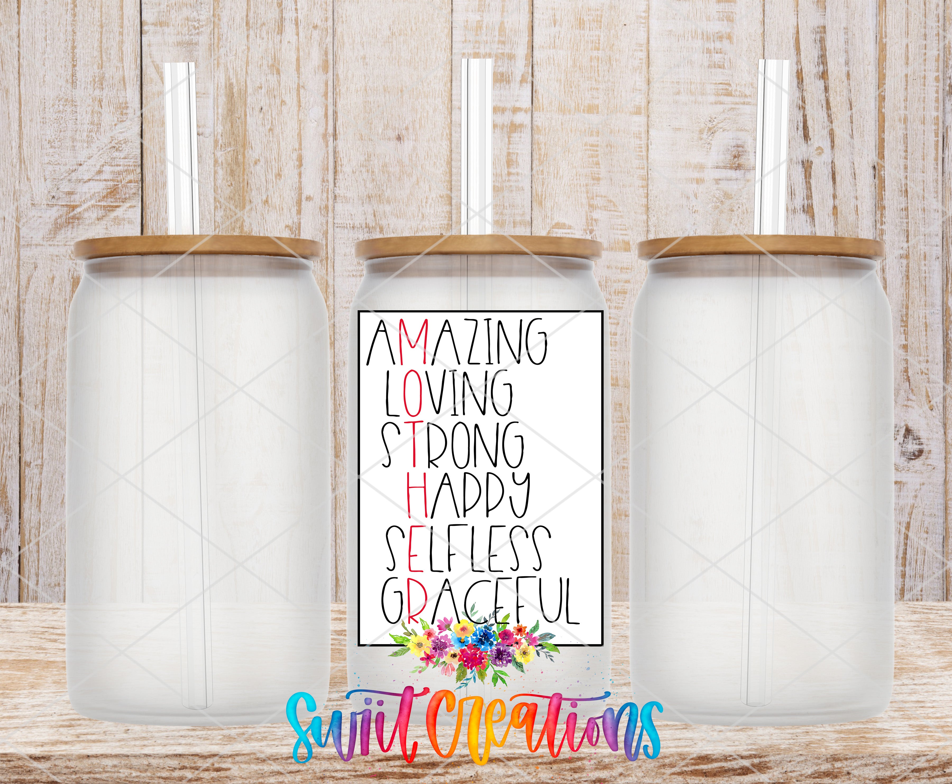 three clear glass jars with wooden lids, arranged in a row against a wooden background. In the center of the image, there is a sign with the words "AMAZING LOVING STRONG HAPPY SELFLESS GRACEFUL" written on it, along with a floral design.