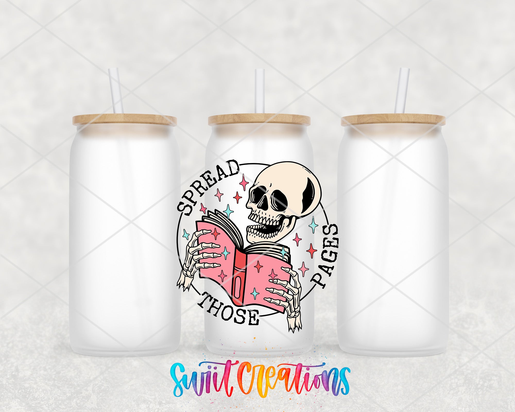 a couple of bottles with a skeleton reading a book