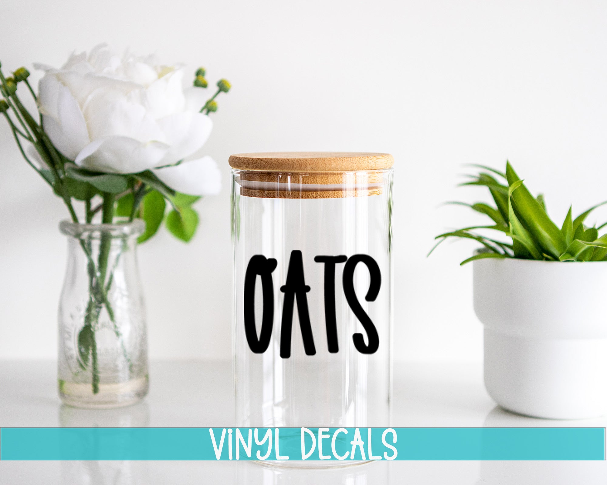 a glass jar with the word oats written on it