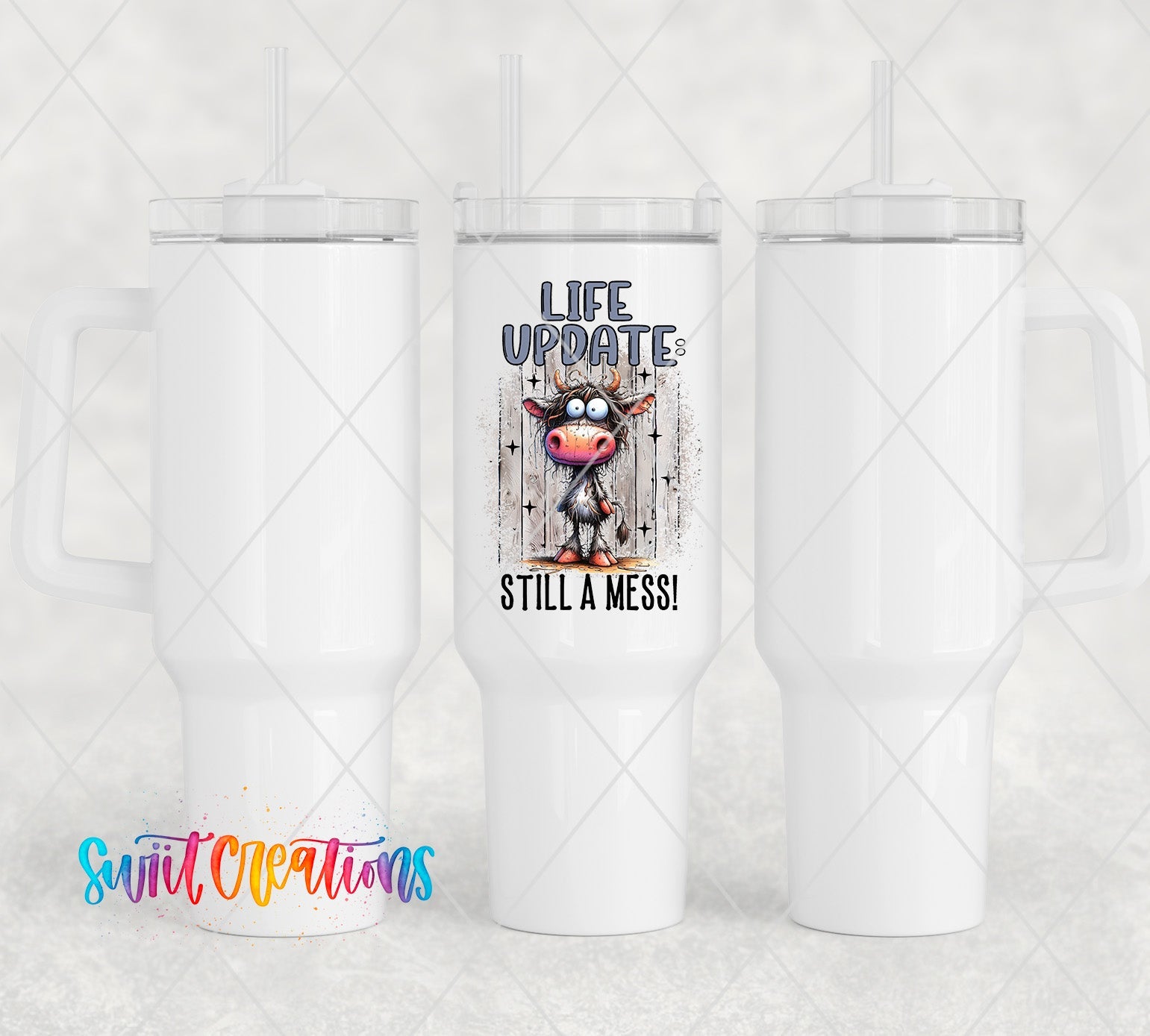 a white tumbler with a picture of a cow on it