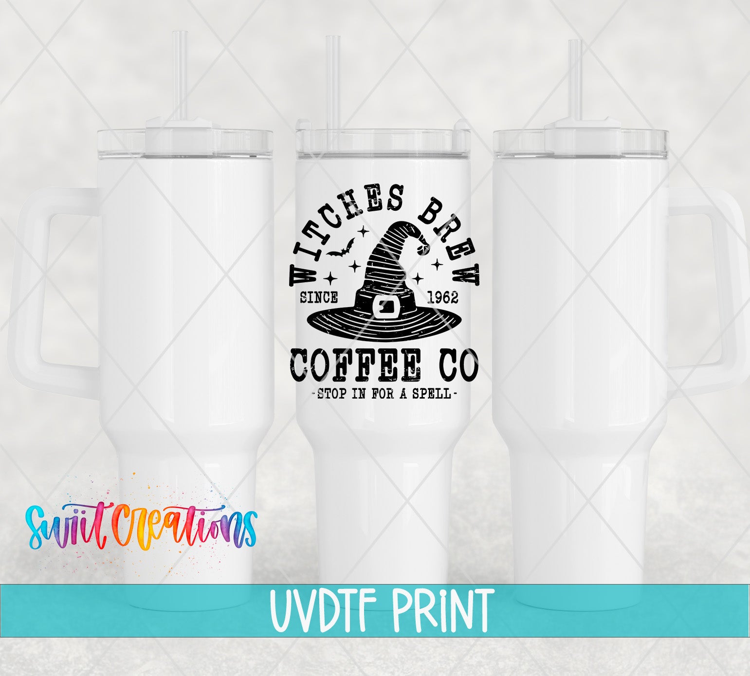 three coffee mugs with witches brew on them