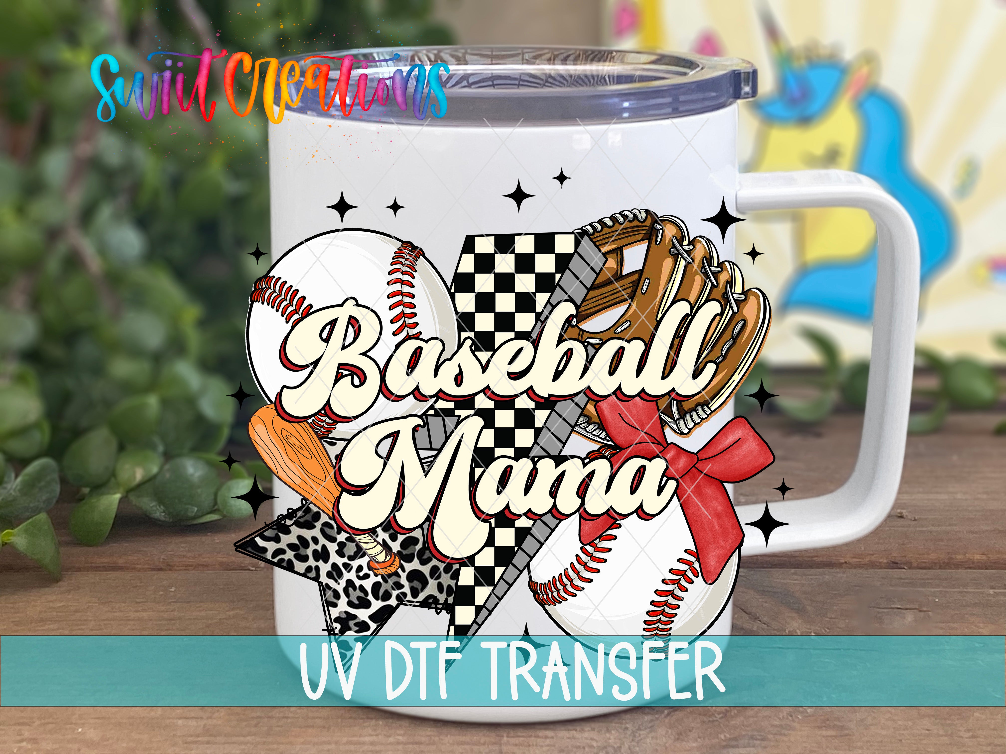 A white mug with a baseball-themed design, including a baseball, glove, and other sports equipment, along with the text "Baseball Mama" and the UV DFT Transfer logo.