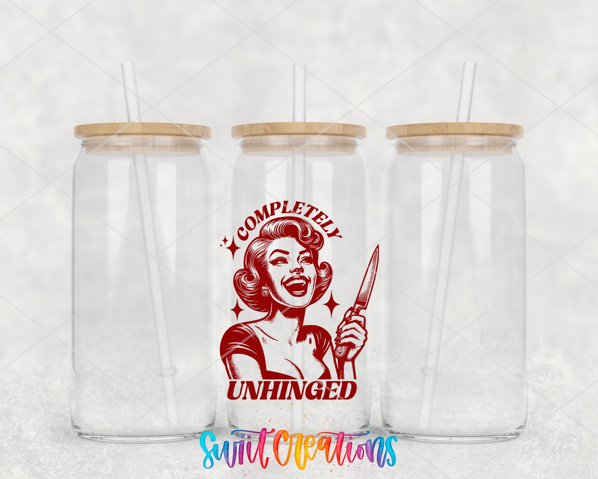 two plastic cups with a woman holding a knife