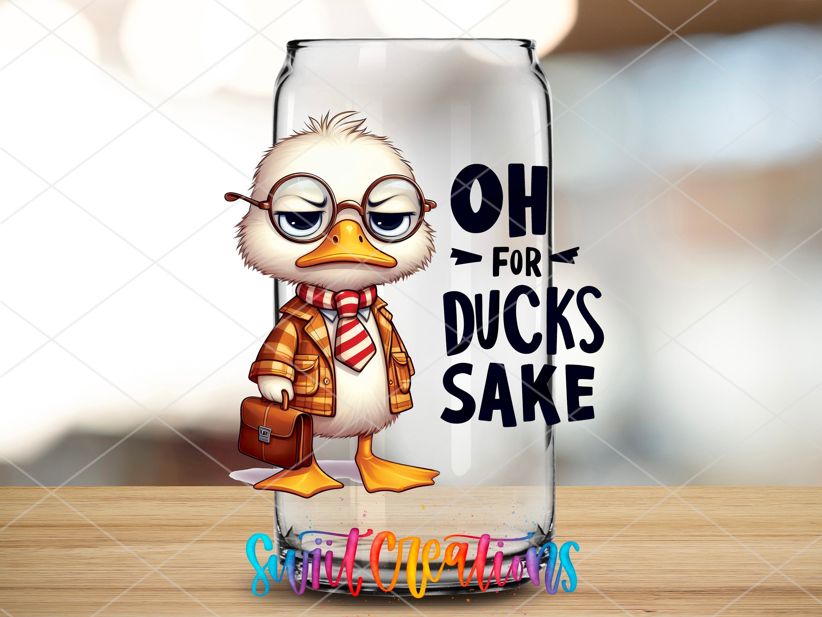 a glass with a cartoon duck wearing a tie