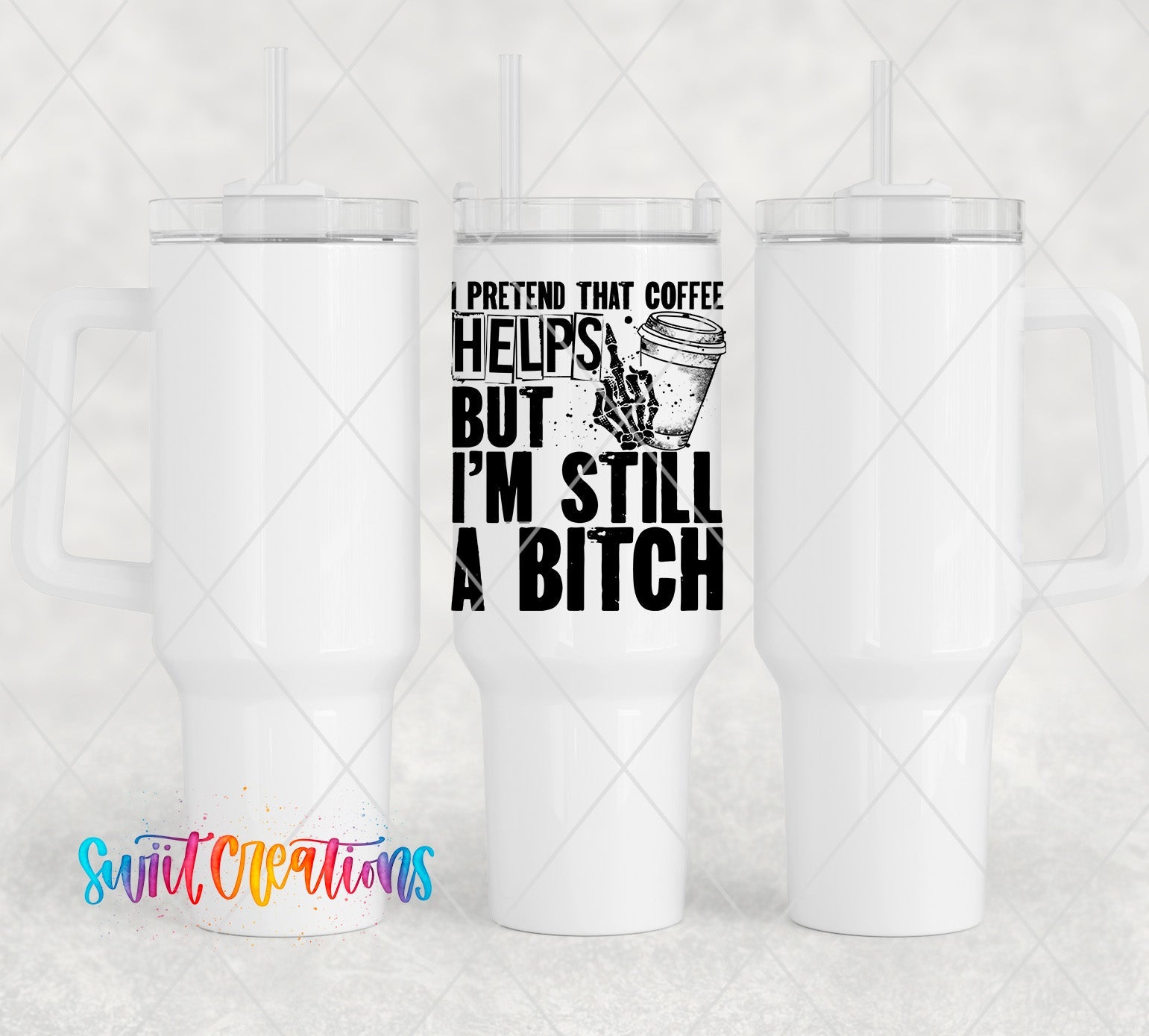 two white coffee mugs with the words i pretend that coffee helps but i '