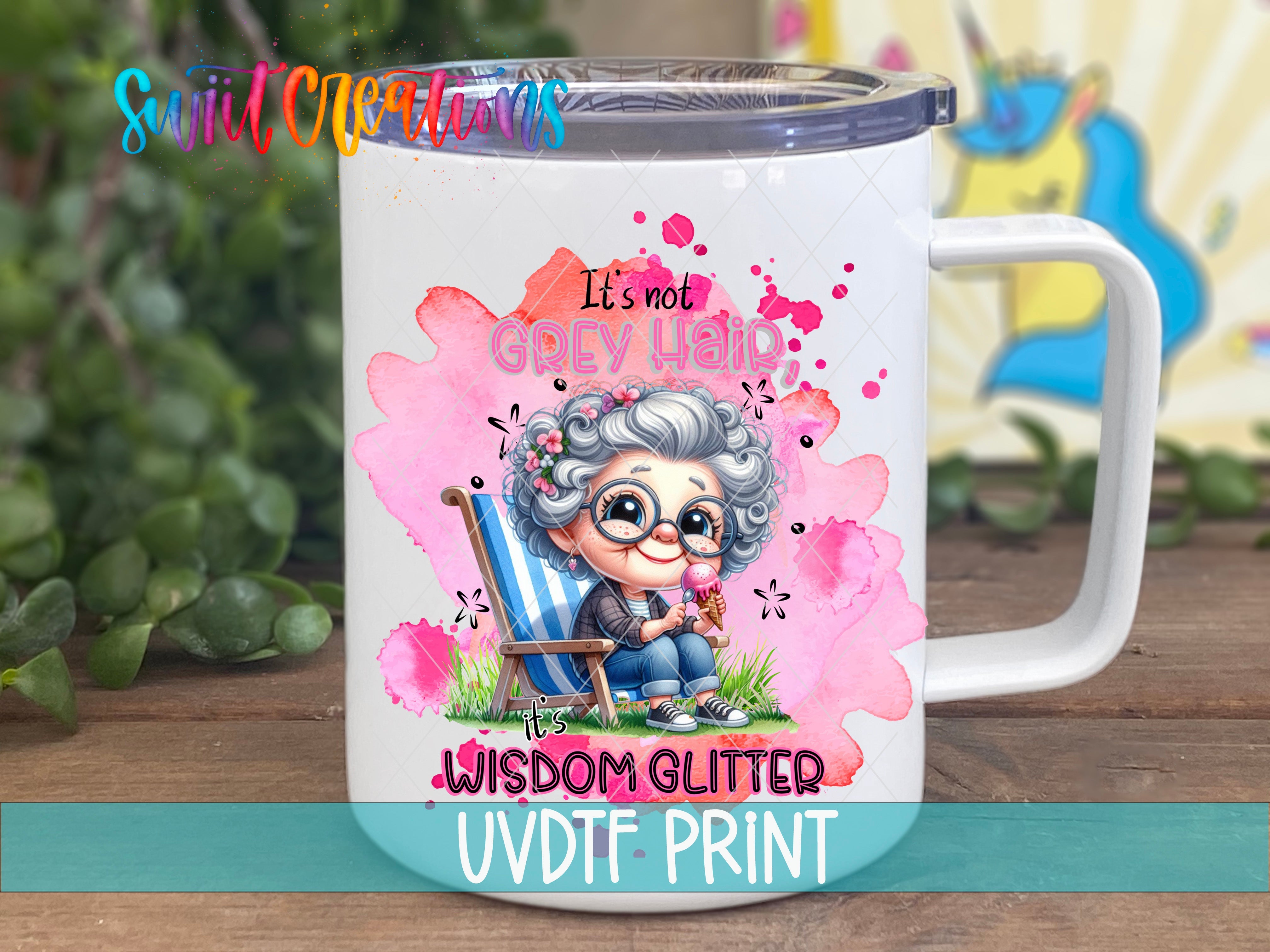 a white coffee mug with an image of a grandma sitting on a lawn chair