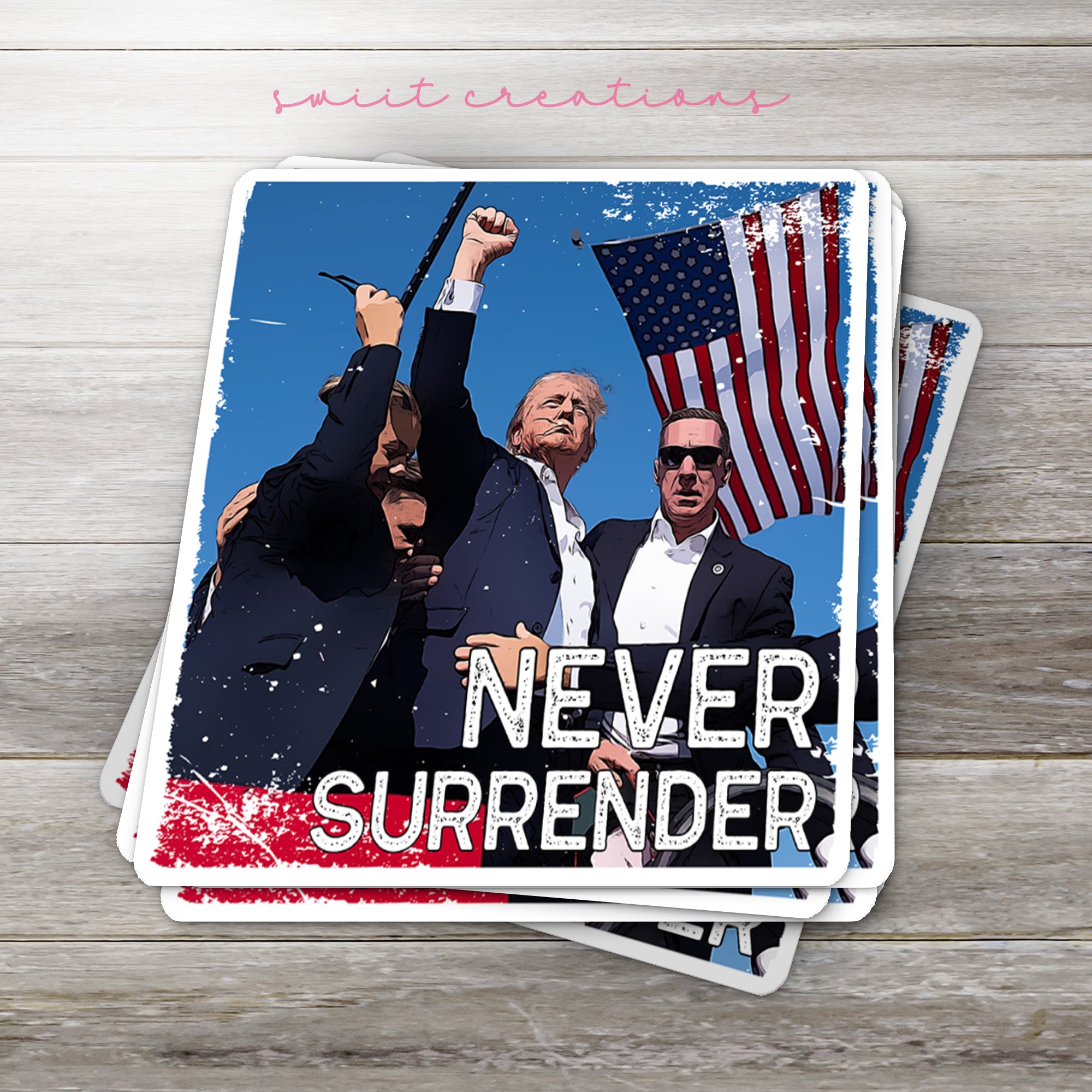 a sticker with a picture of two men and an american flag