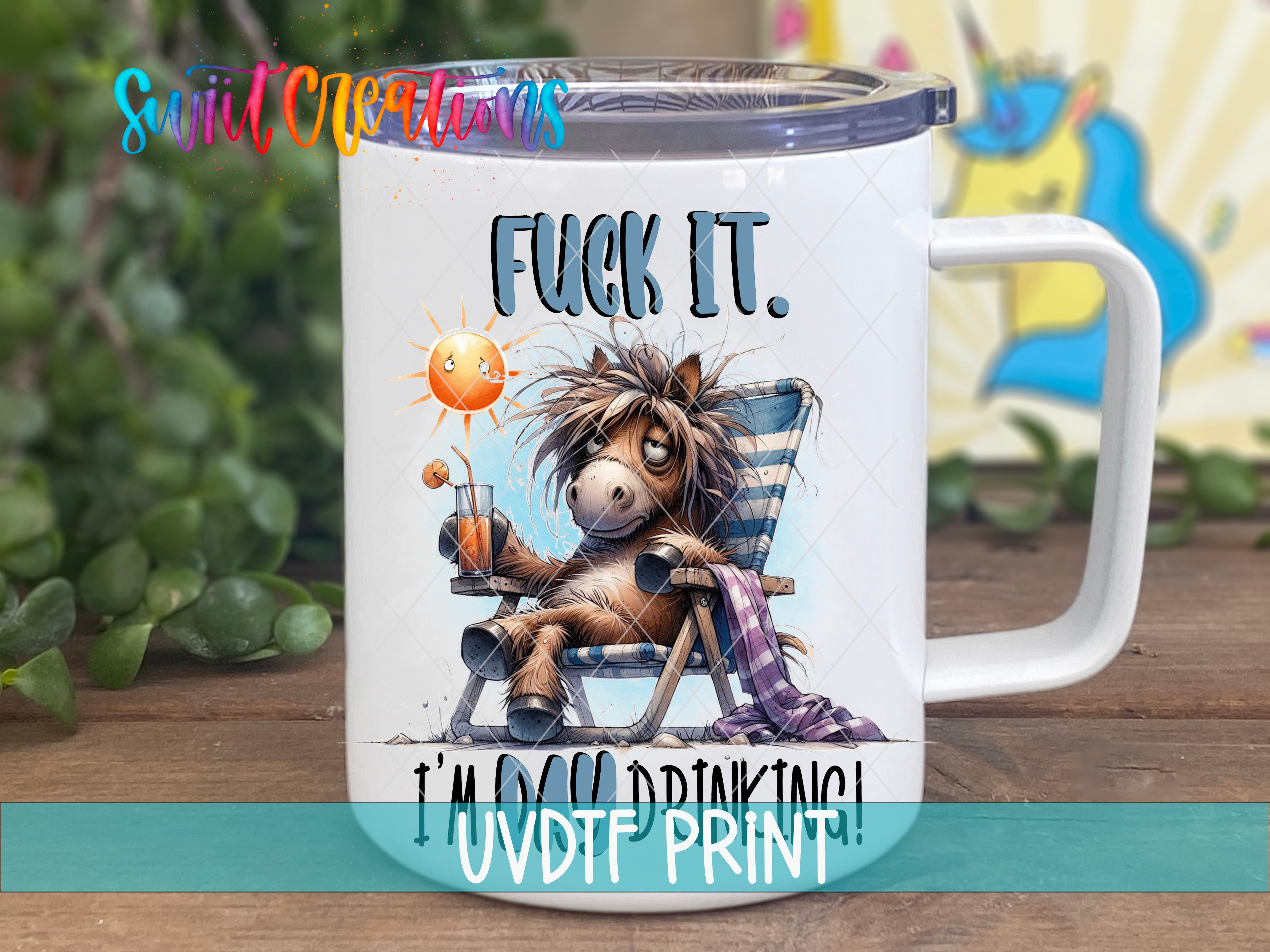 a white coffee mug with a picture of a horse on it