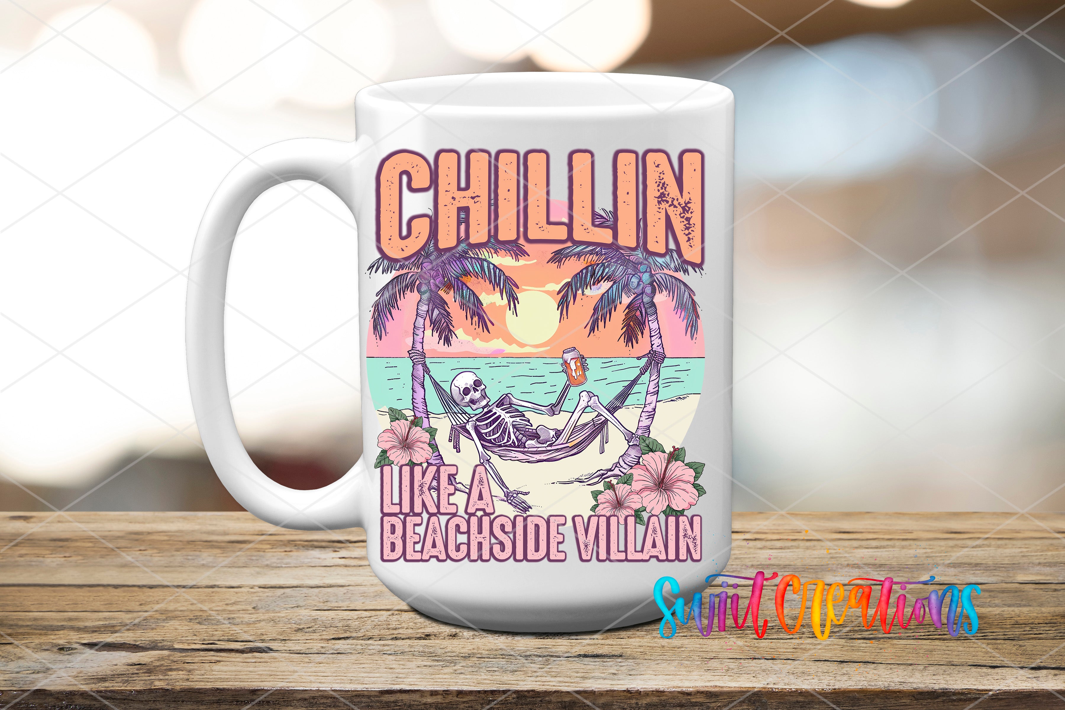 A white mug with a colorful graphic design featuring a skeleton in a hammock on a beach, with palm trees and a sunset in the background.