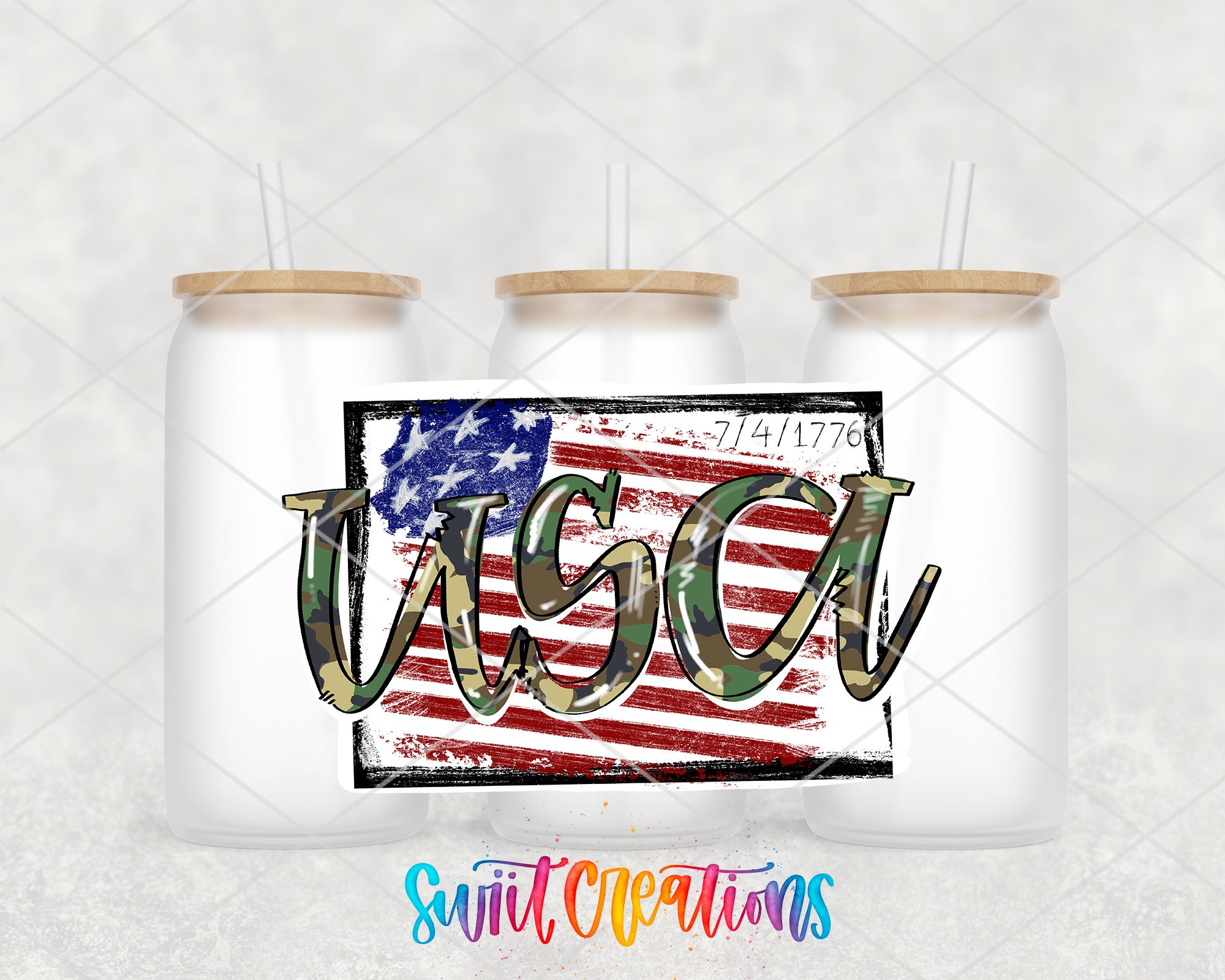 two mason jars with straws in front of an american flag