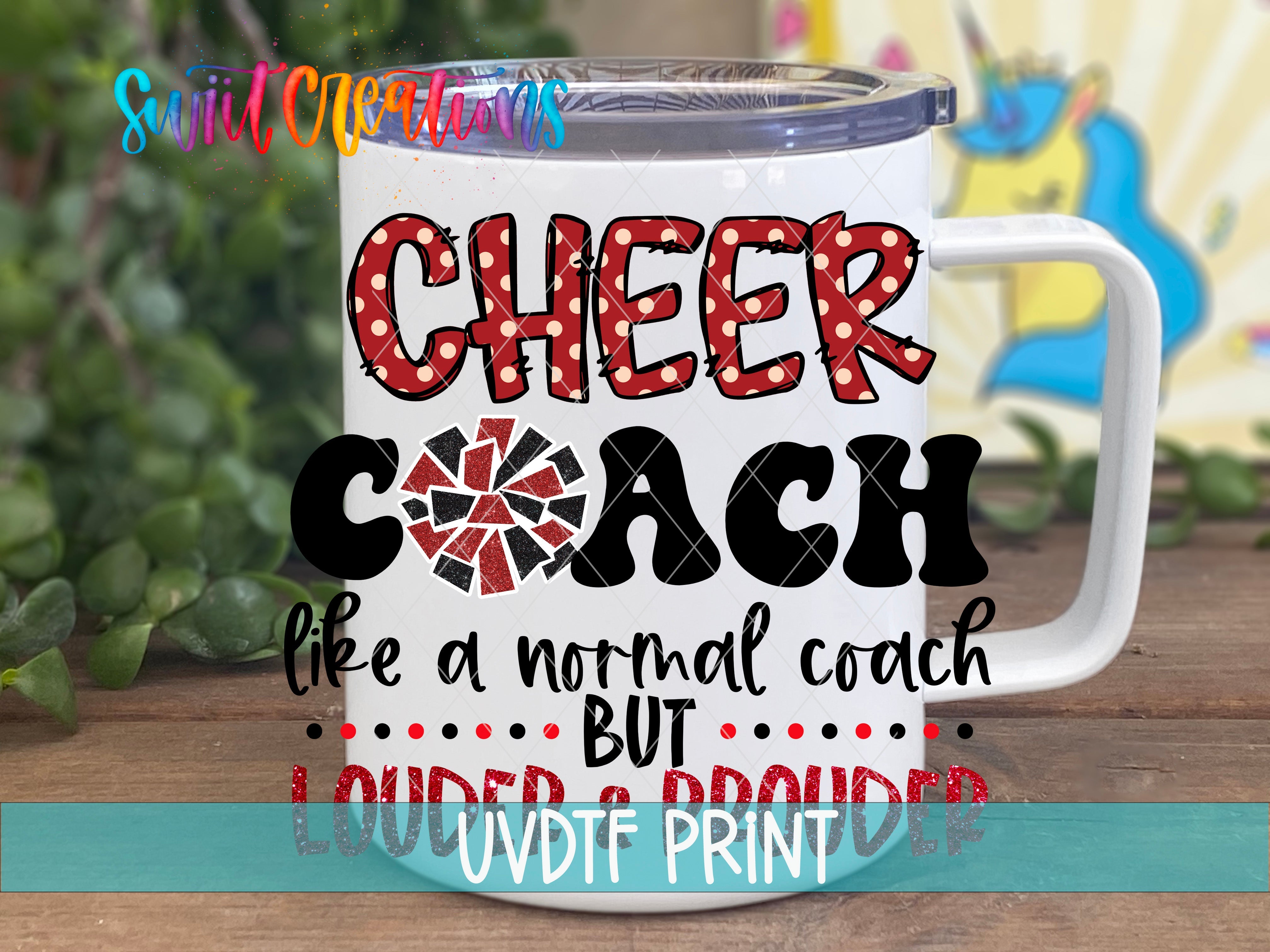 a white coffee mug with the words cheer coach on it