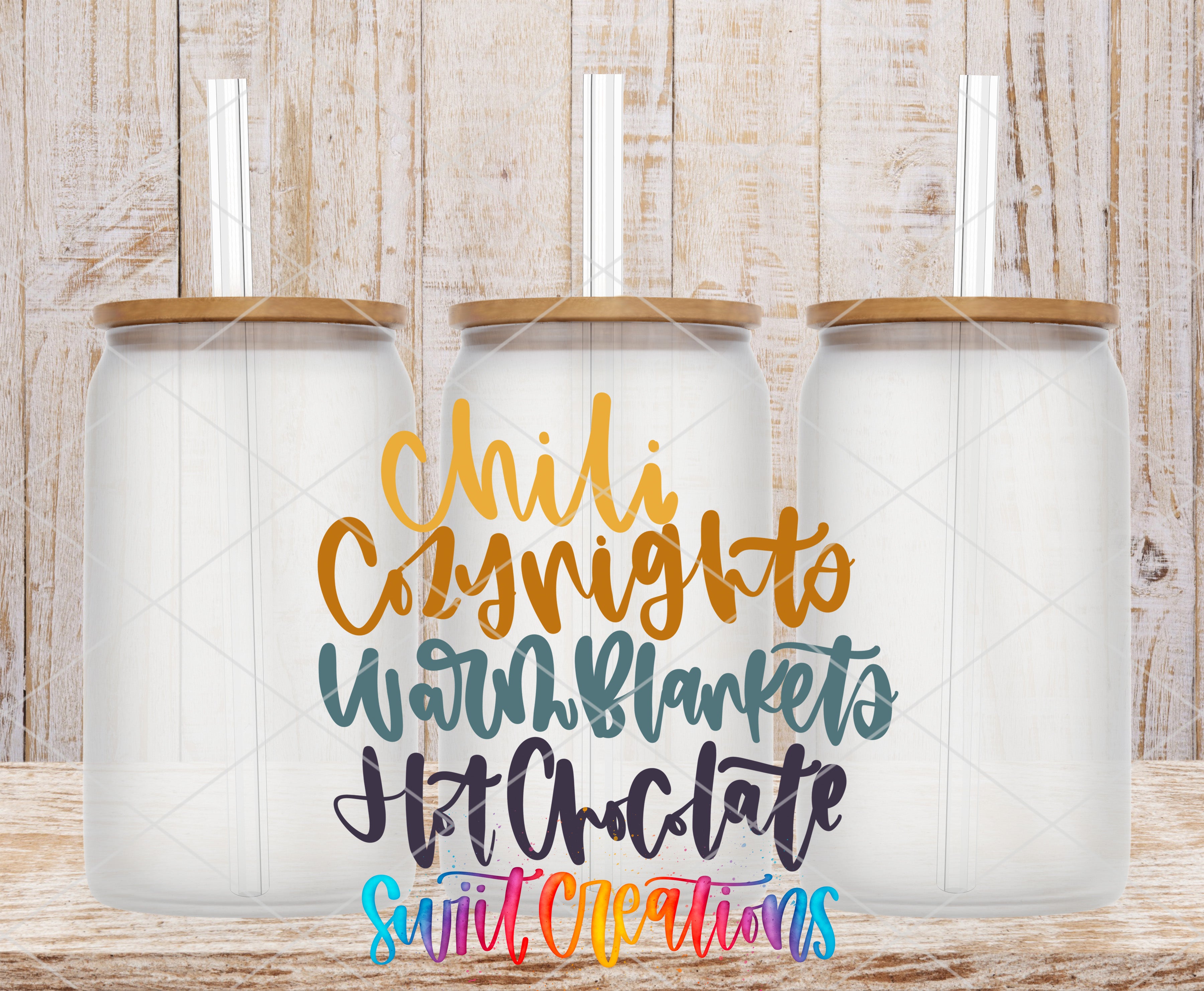 three glass jars with lids, arranged in a row against a wooden background. The jars have straws sticking out of the lids. The text in the image is colorful and playful, with the words "Chili", "Copyright", "Warm", "Blankets", "HOT CHOClate", and "Sauce Creations" written on them.