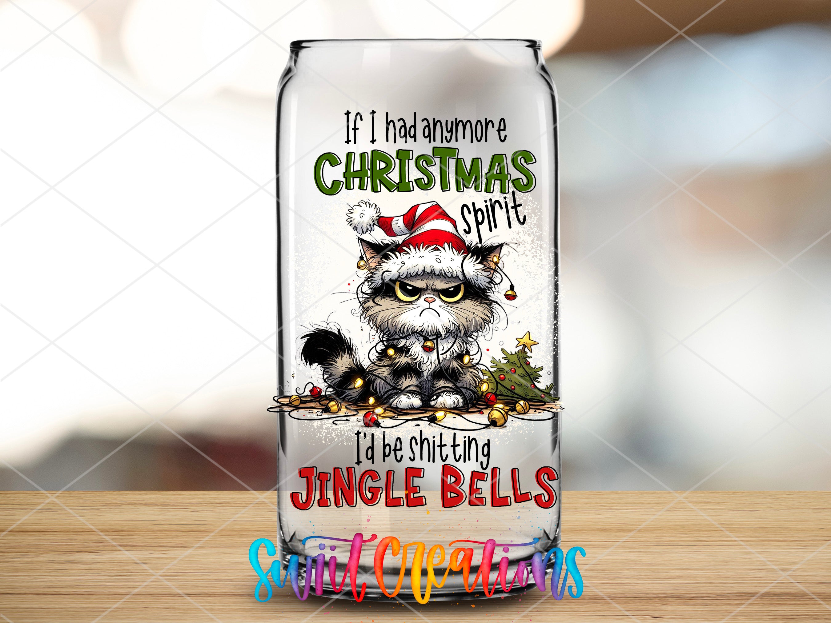 a can of christmas spirit with a cat on it