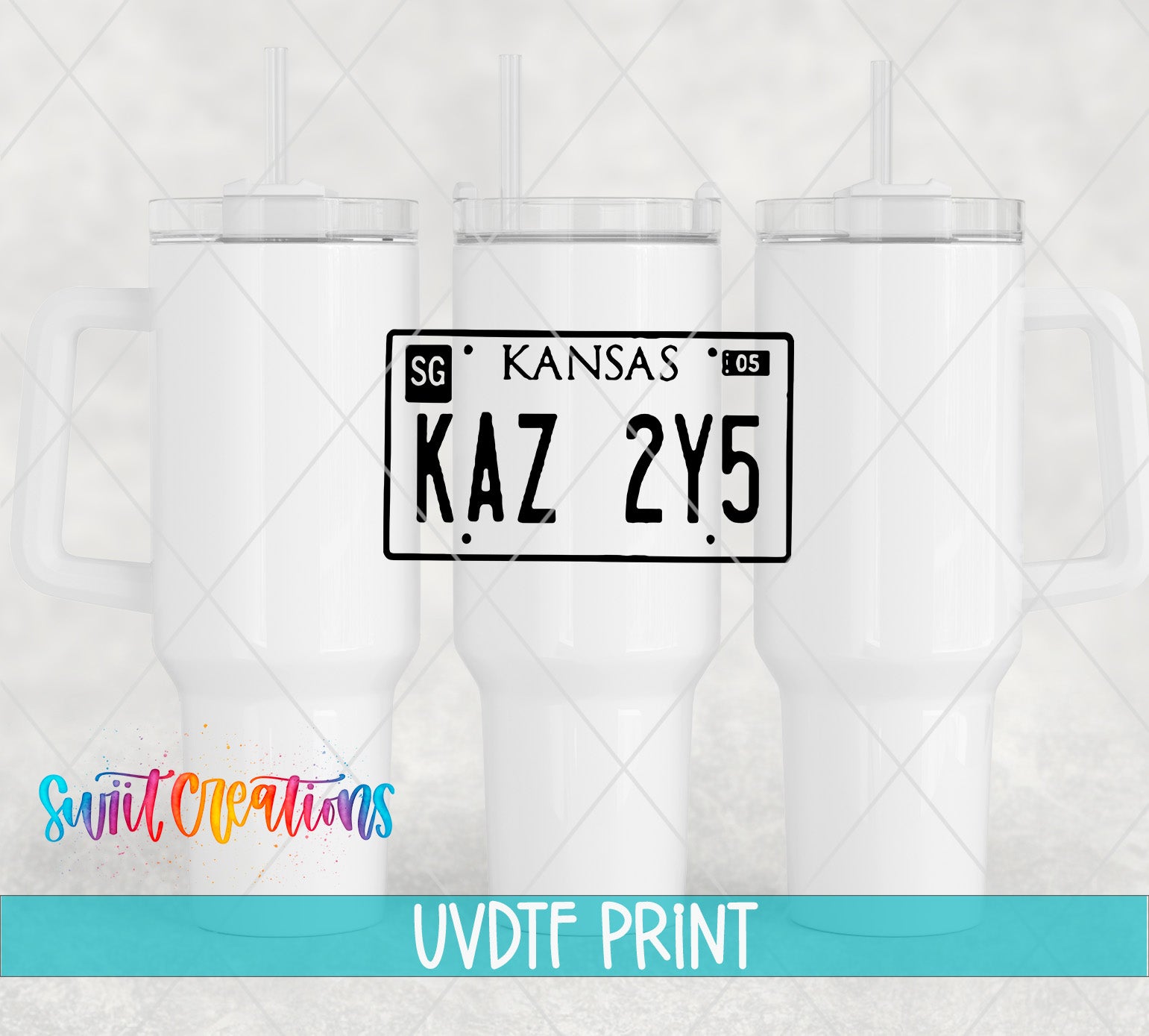 three white mugs with kansas license plates on them
