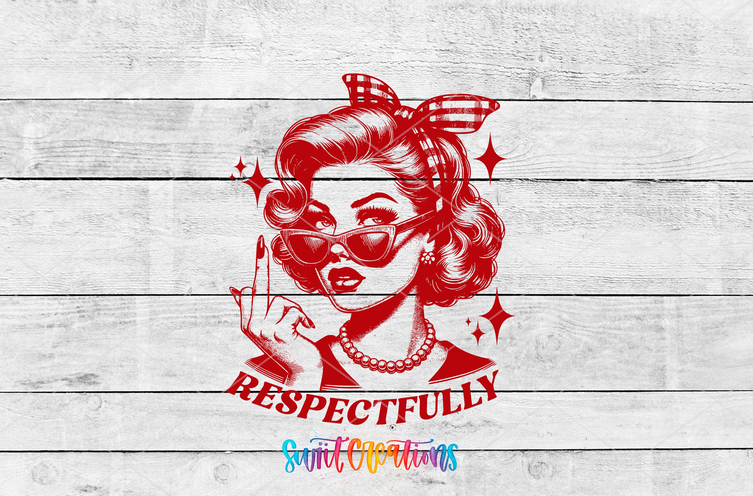 a red illustration of a woman with curly hair, wearing sunglasses and a bow in her hair, with the text "RESPECTFULLY" below her.