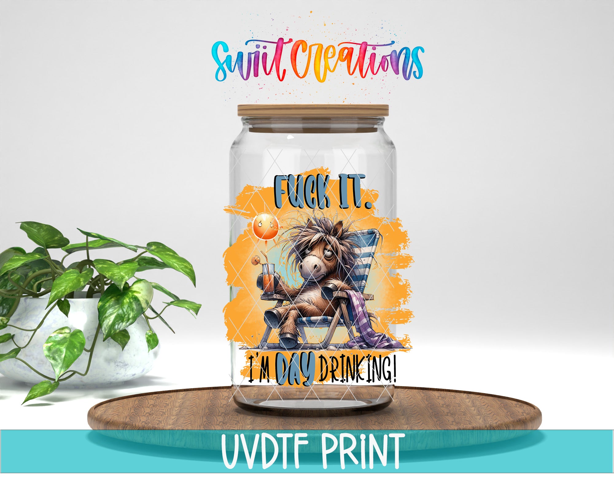 a glass jar with a cartoon character and text on it, placed on a wooden surface.