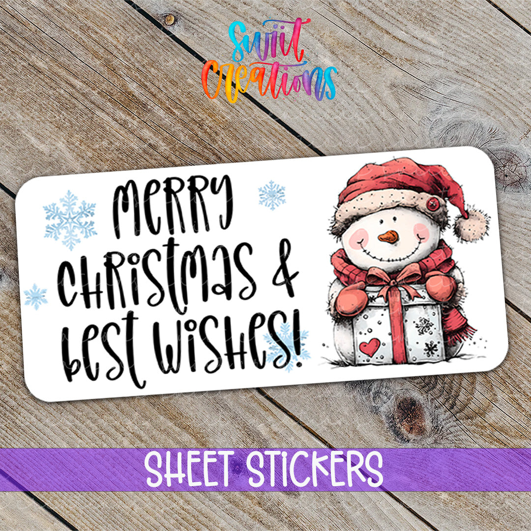a christmas sticker with a snowman holding a present