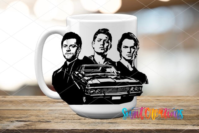 a coffee mug with the image of three men holding a car