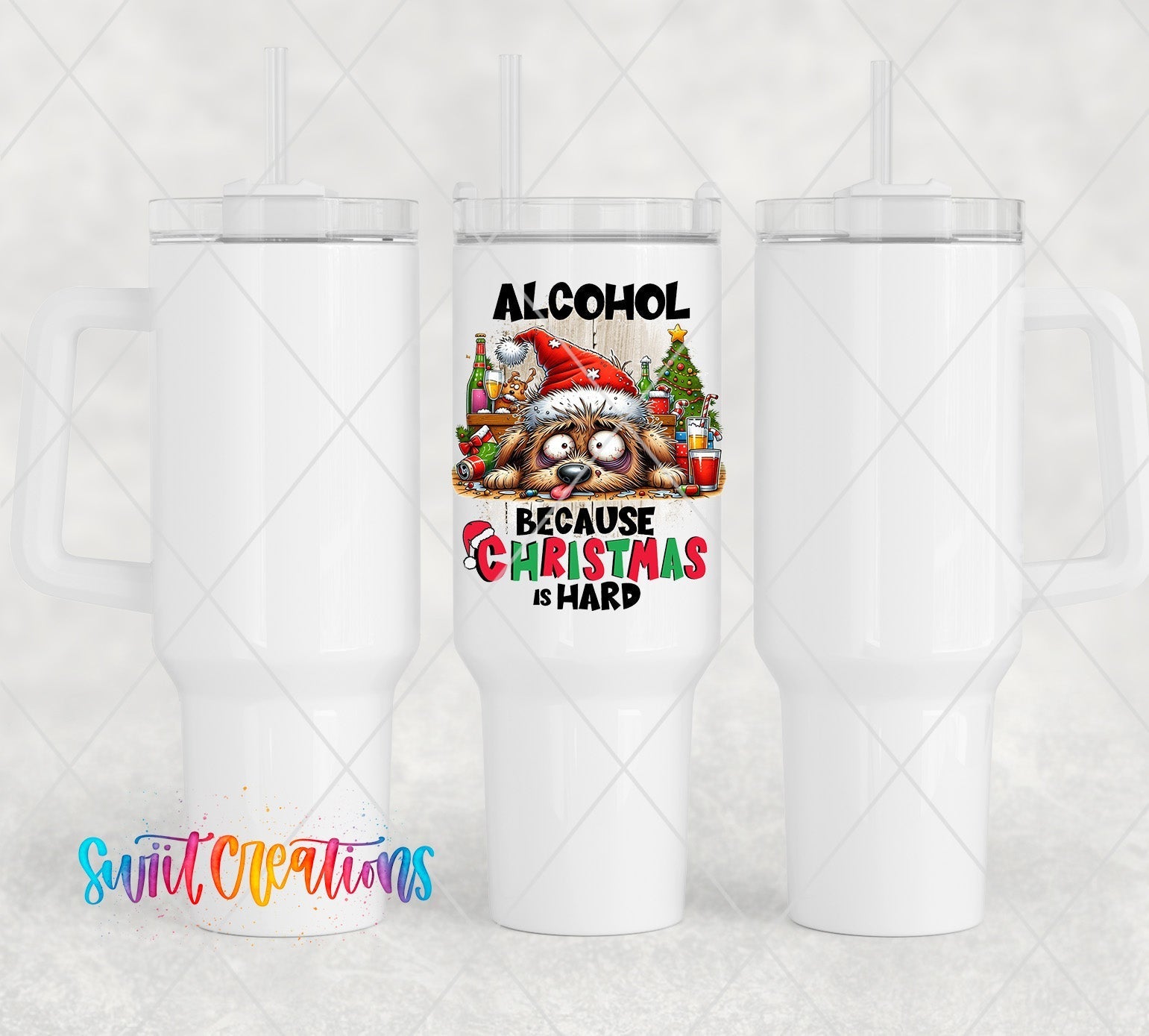 a white tumbler cup with a santa clause on it