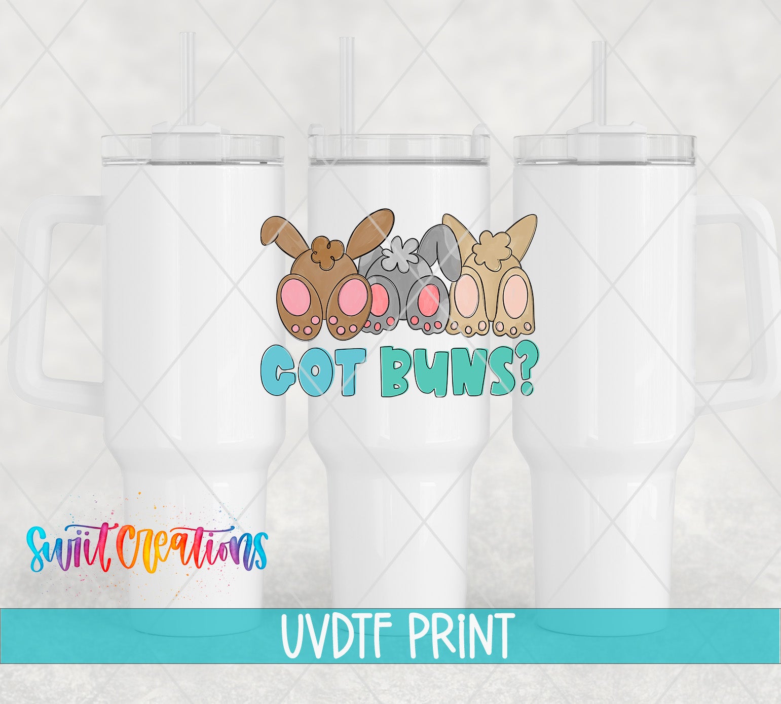 a set of three mugs with the words got buns?