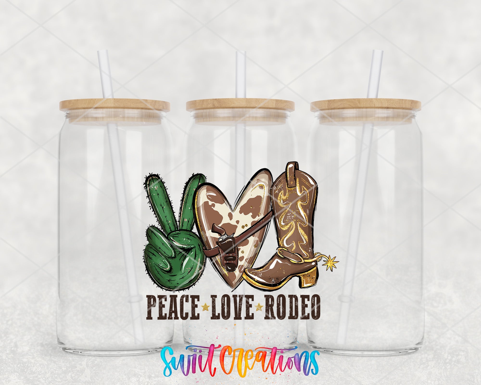 two clear tumblers with a peace love rodeo design