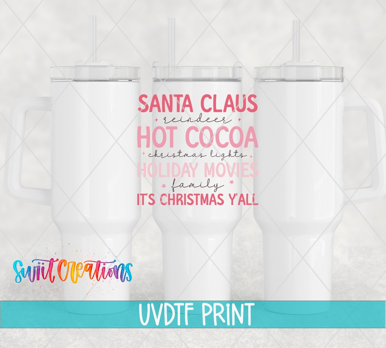 three white travel mugs with santa claus's hot cocoa on them