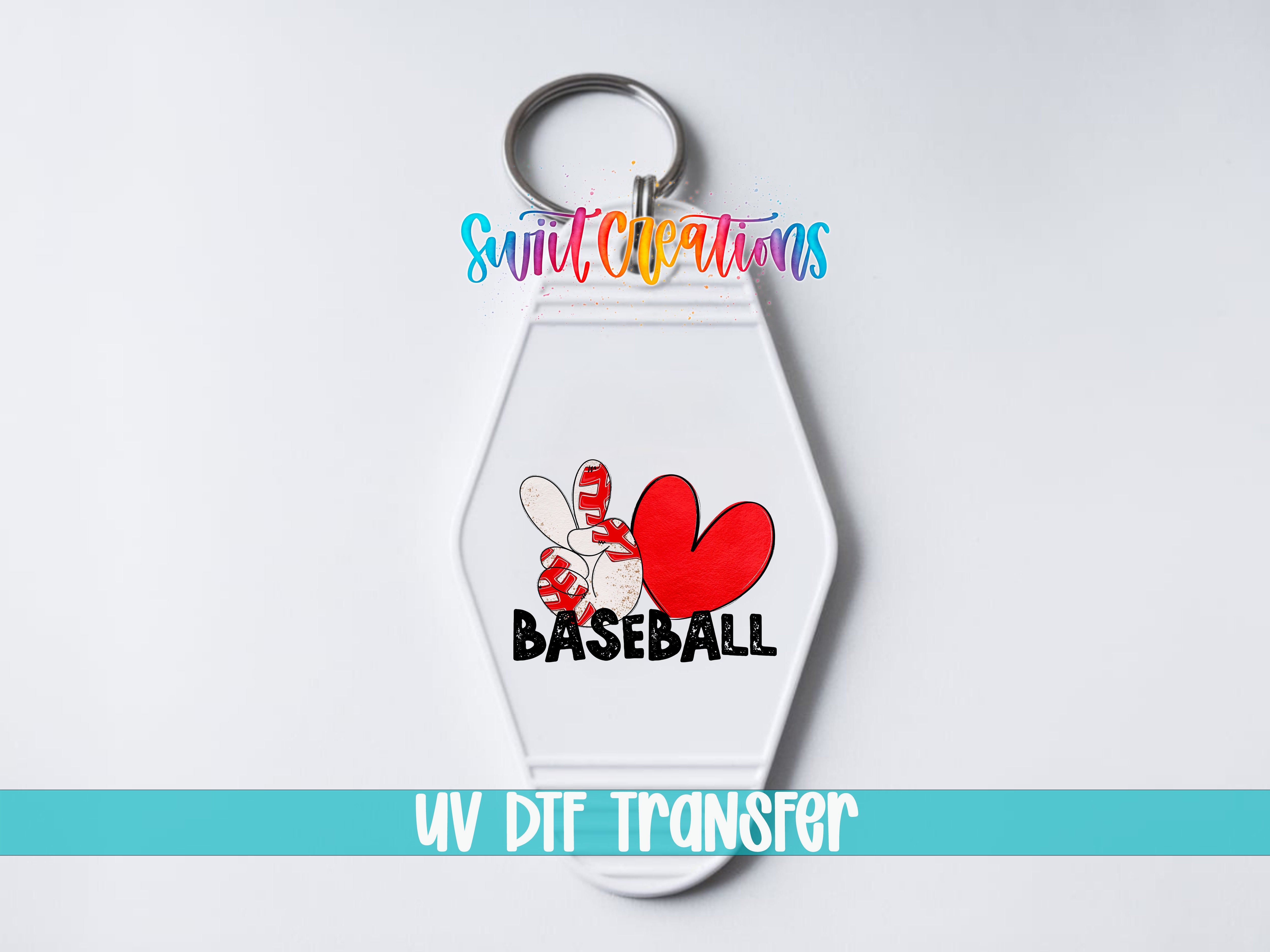 A keychain with a baseball-themed design, including a red heart and the word "BASEBALL".