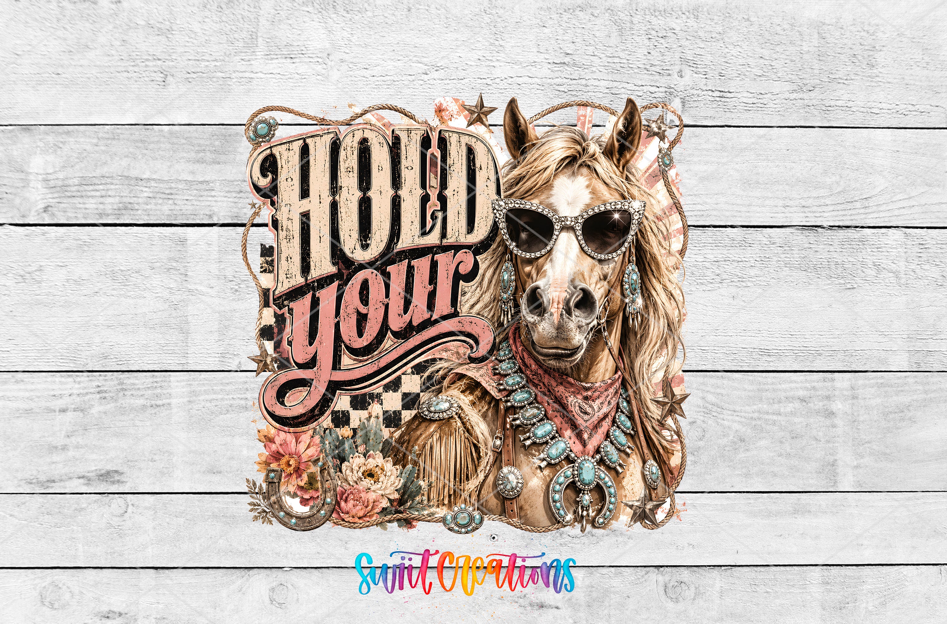 A stylized illustration of a horse wearing sunglasses and jewelry, with the text "HOLD YOUR" prominently displayed.