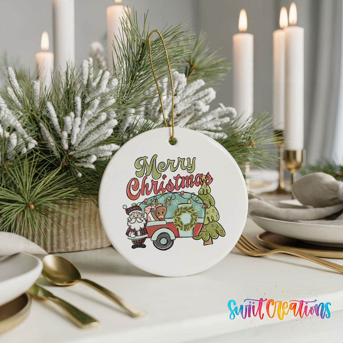 Merry Christmas Santa Camper ceramic Christmas ornament styled with candles and pine branches