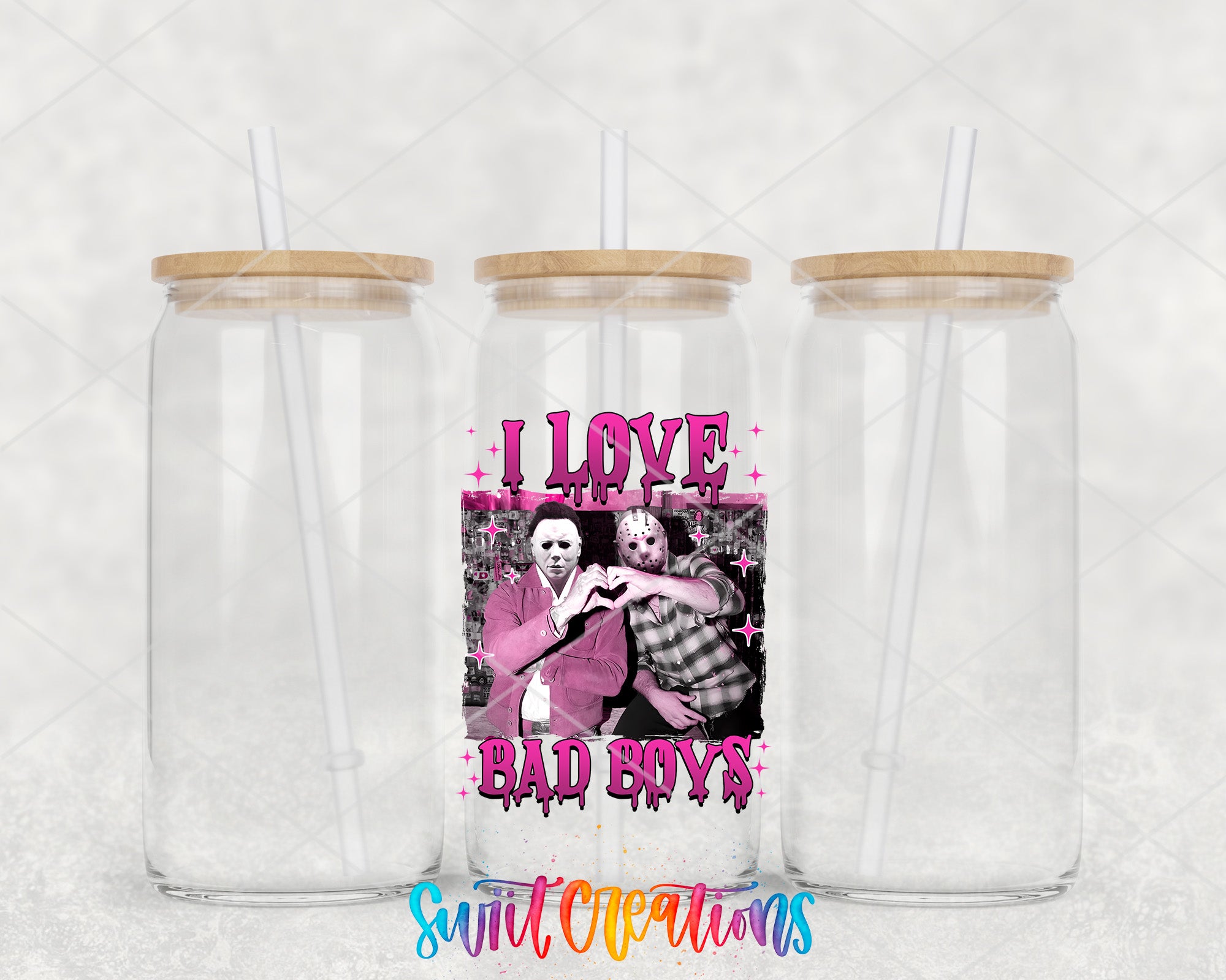 two plastic cups with a picture of a woman and a man on them