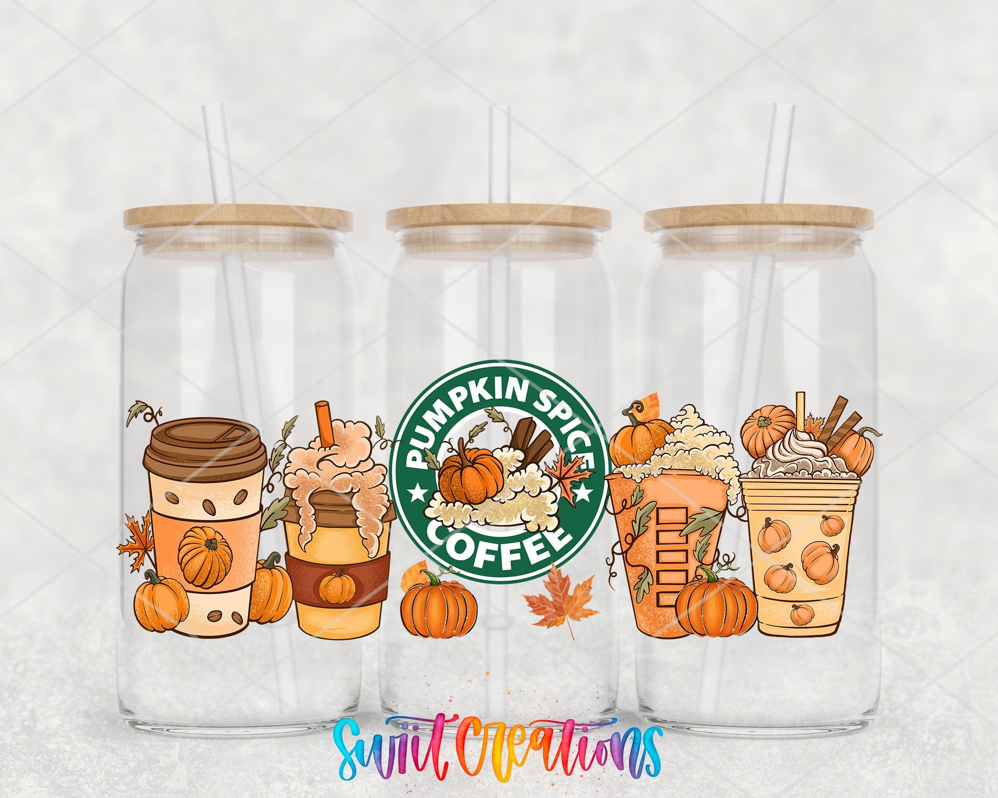 three glass tumblers with illustrations of pumpkin-themed beverages, including coffee drinks and smoothies, along with straws.