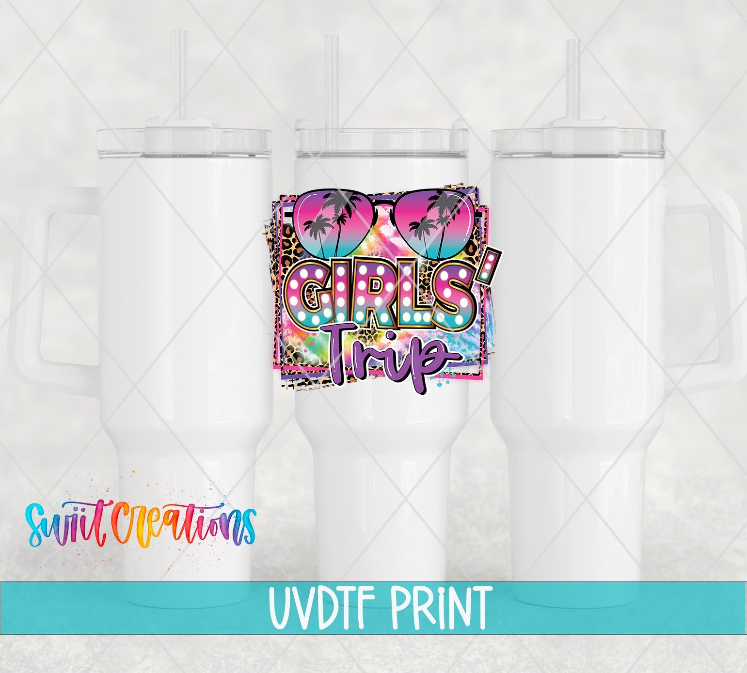 a pair of white coffee mugs with the words girls trip on them