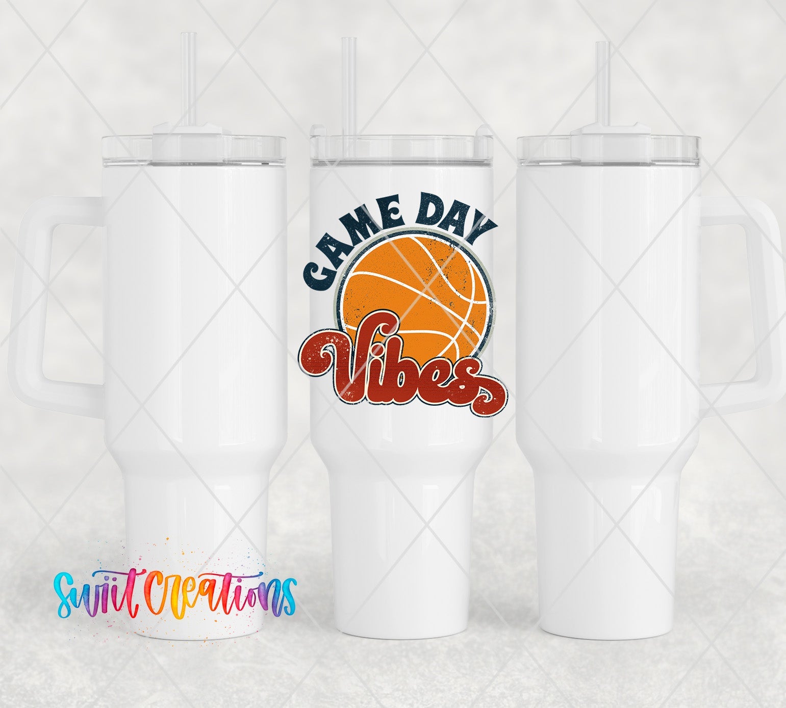 a couple of white tumblers with a basketball on them