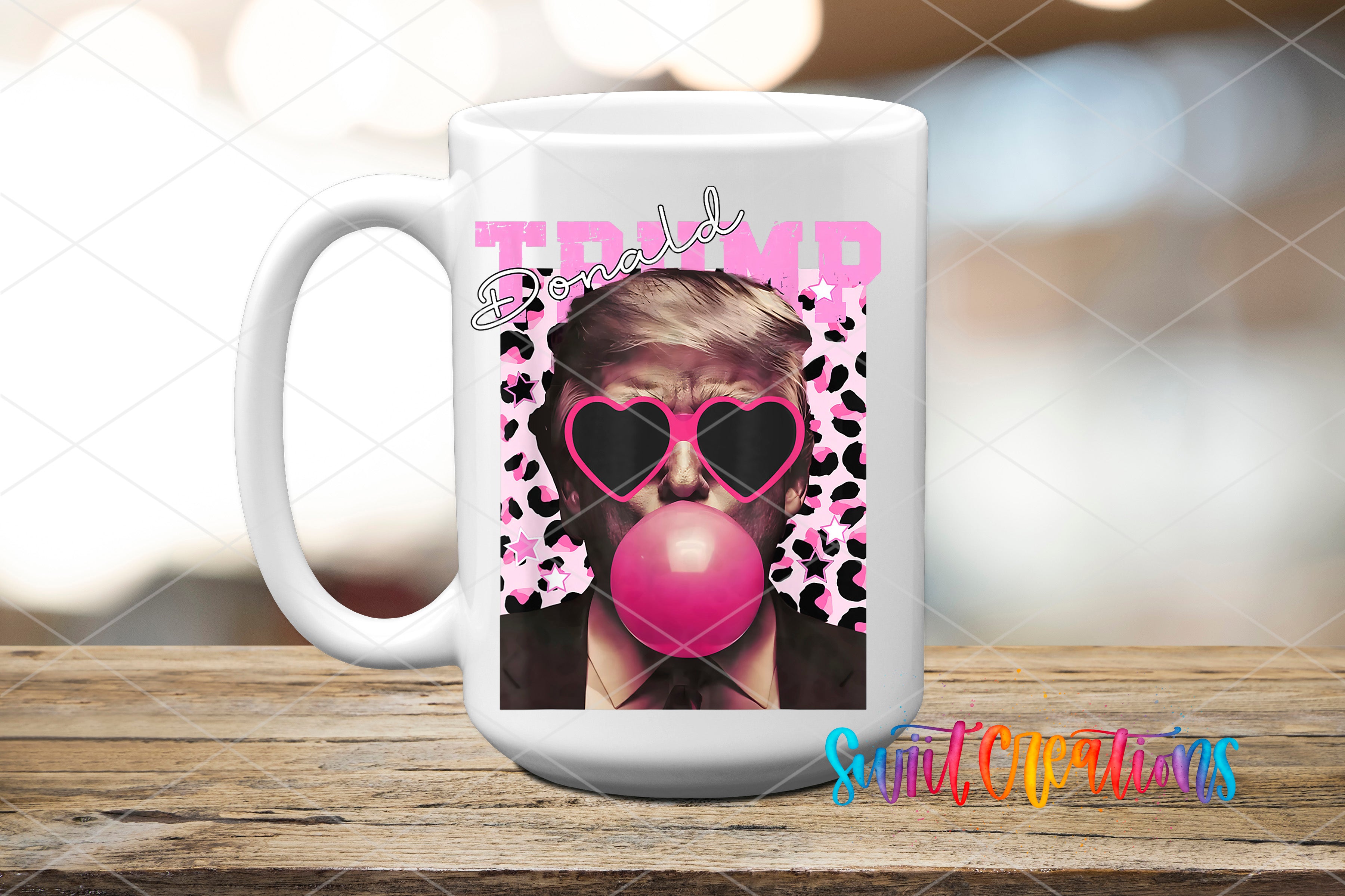 A white ceramic mug with a graphic design featuring a man wearing sunglasses and blowing a bubble with a pink bubblegum bubble.