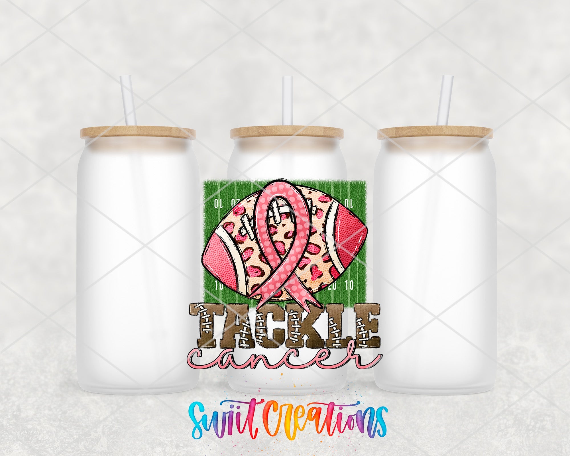 two white jars with pink ribbon and leopard print on them