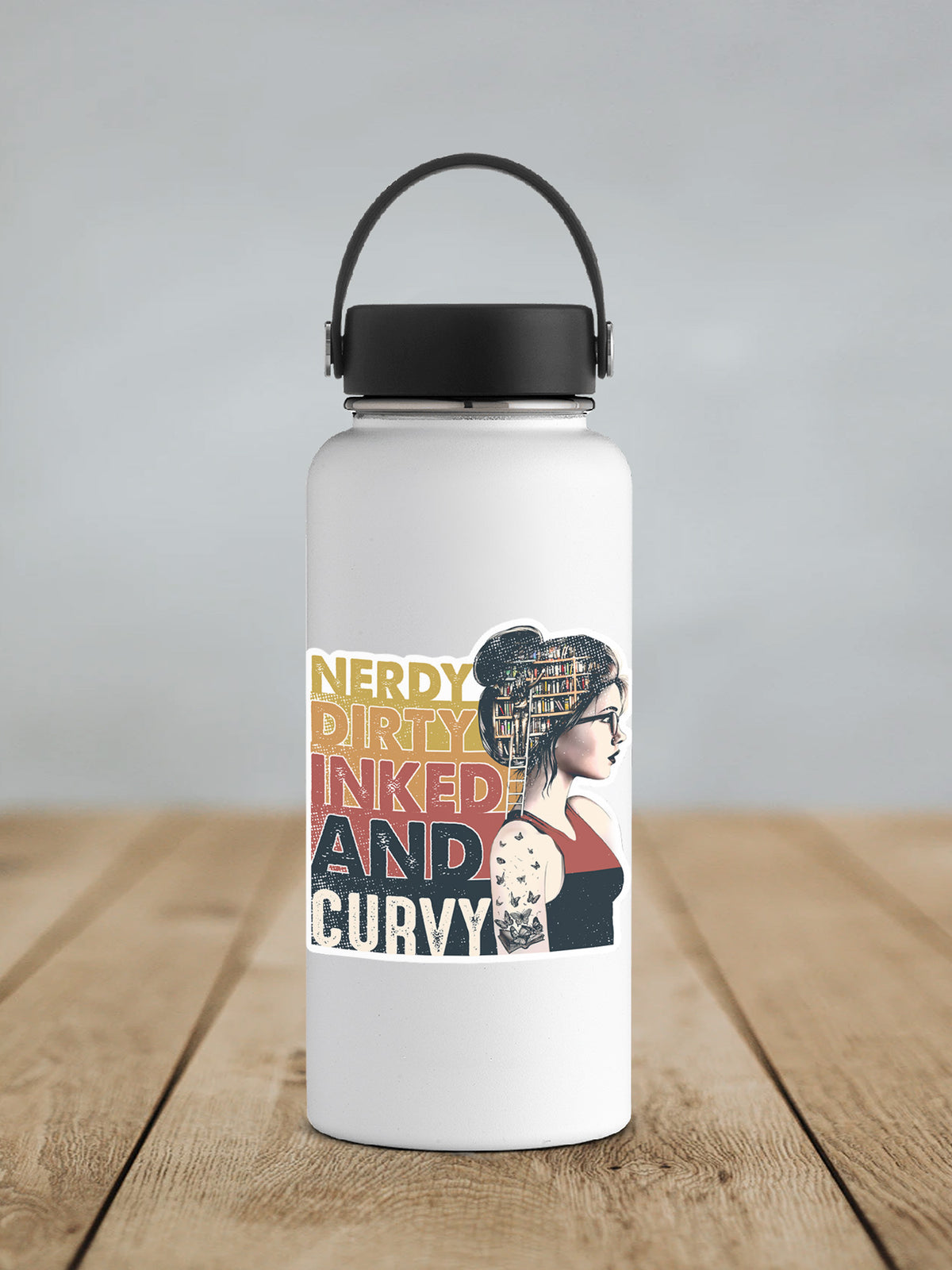 Nerdy Dirty Inked and Curvy sticker on a white insulated water bottle