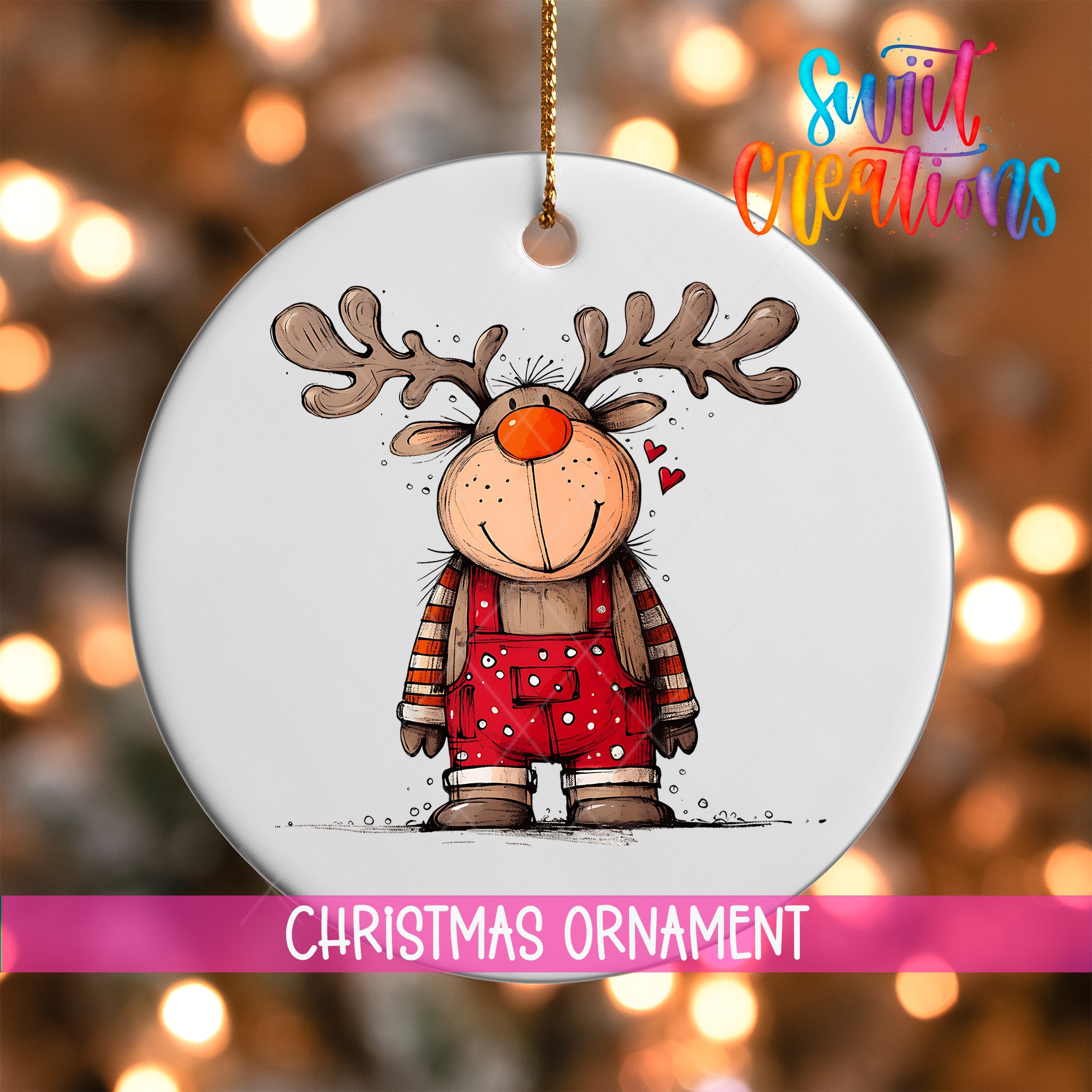 A white Christmas ornament featuring a cartoon reindeer wearing overalls and a red nose, with a smiling expression.