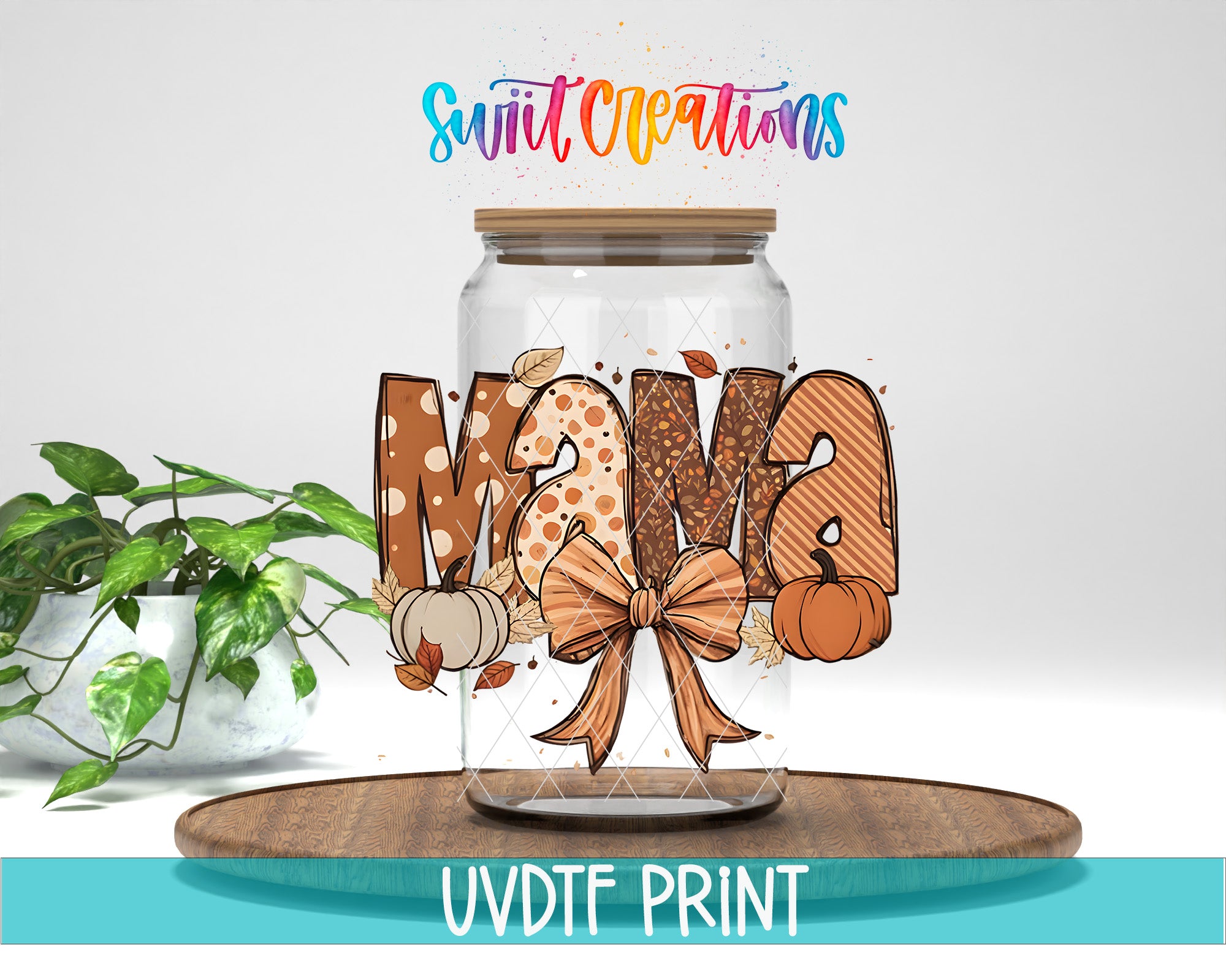 A glass jar with the word "Mama" written on it, surrounded by autumn-themed decorations such as pumpkins and leaves. The jar is placed on a wooden surface, and there is a potted plant in the background.