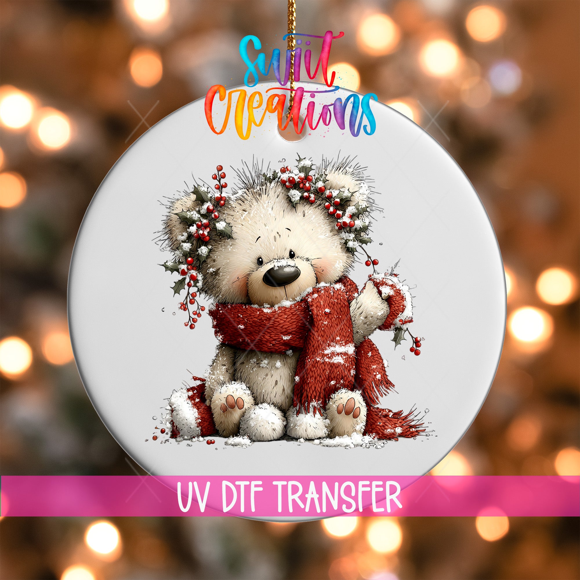 A white teddy bear wearing a red scarf and surrounded by berries, with a colorful background of lights.
