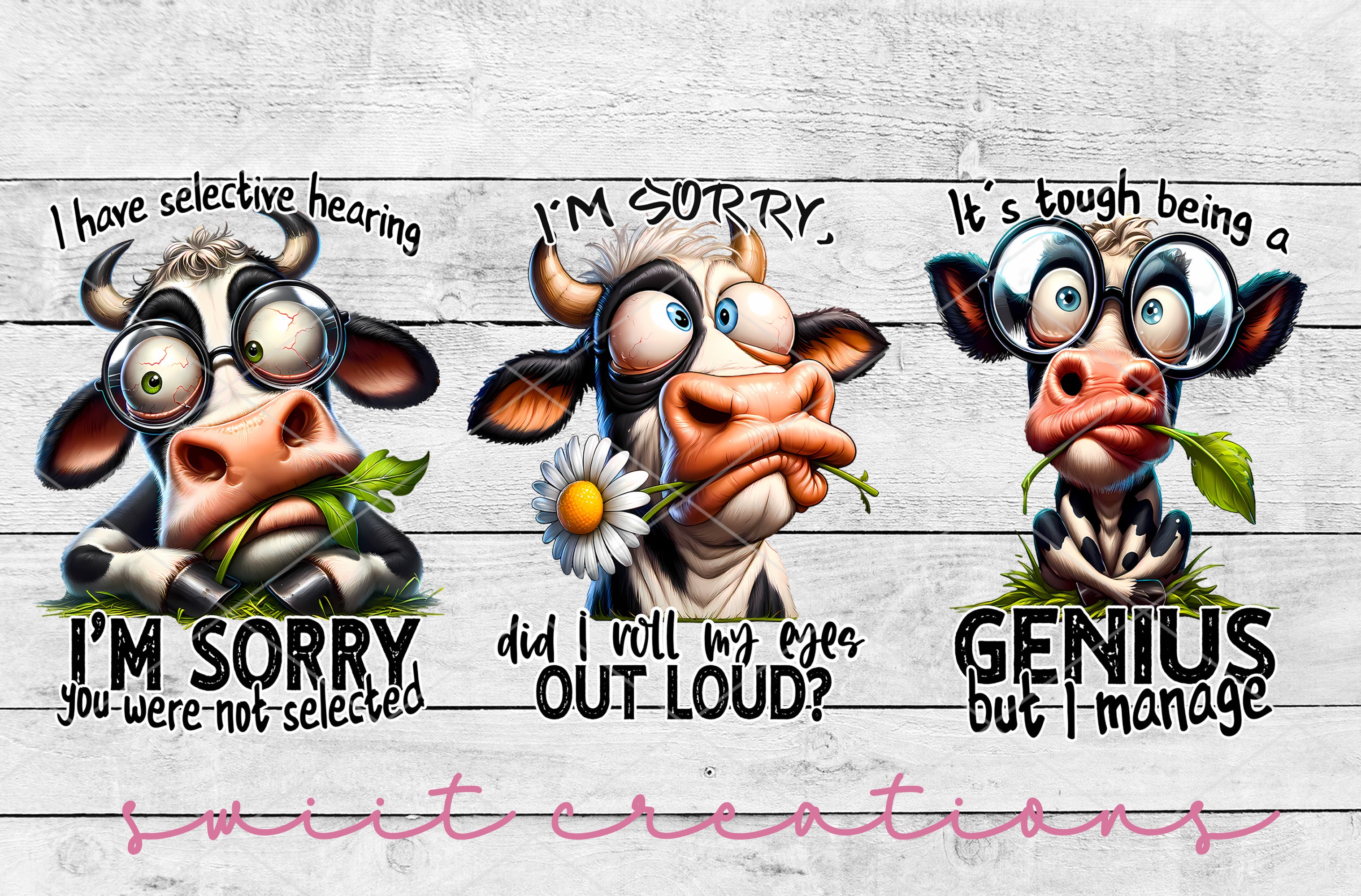 three cartoon cows with different expressions on them