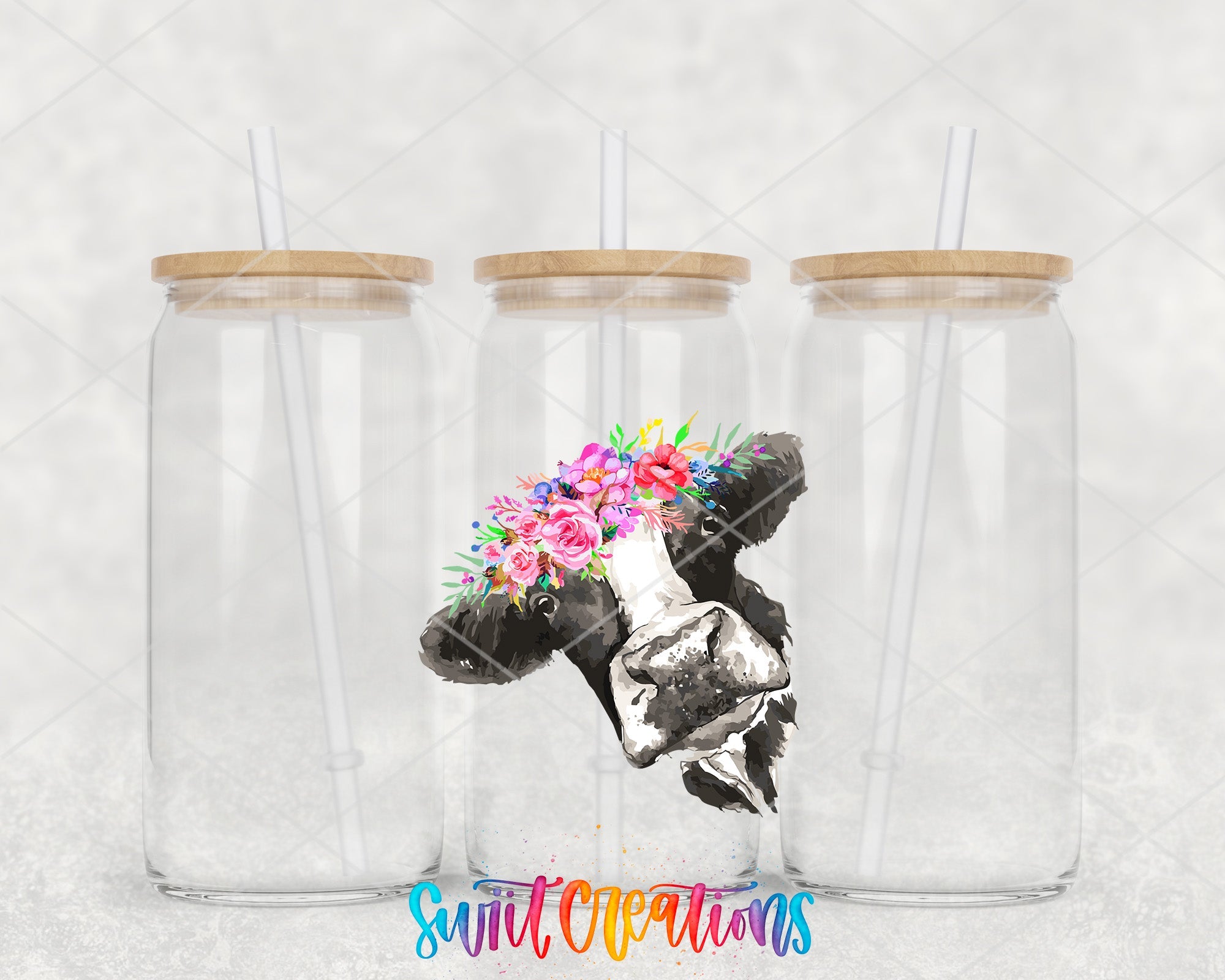 a cow with a flower crown on its head in a glass jar