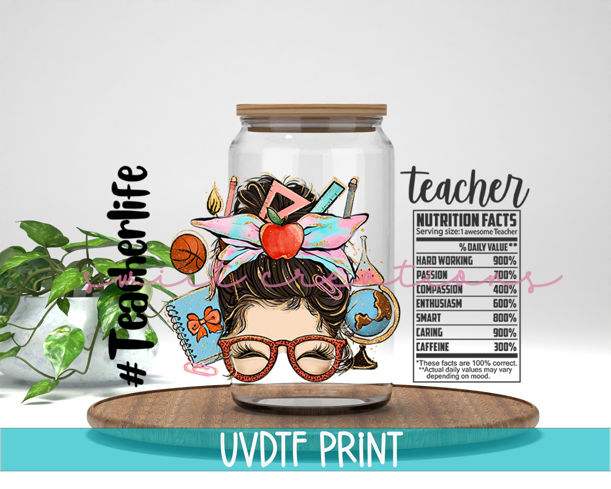 a jar with a picture of a girl with glasses on it