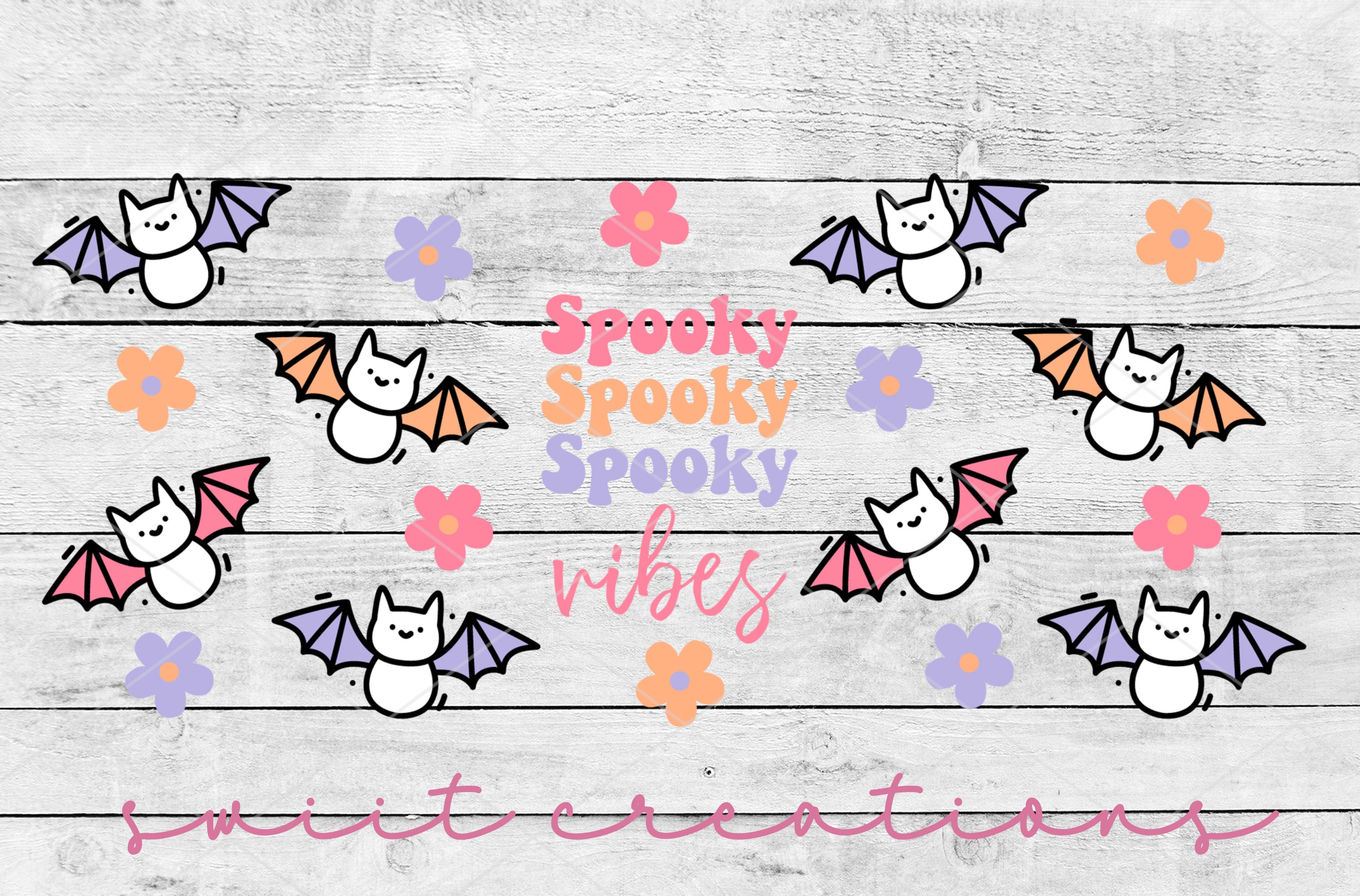 a picture of a wooden background with bats and flowers
