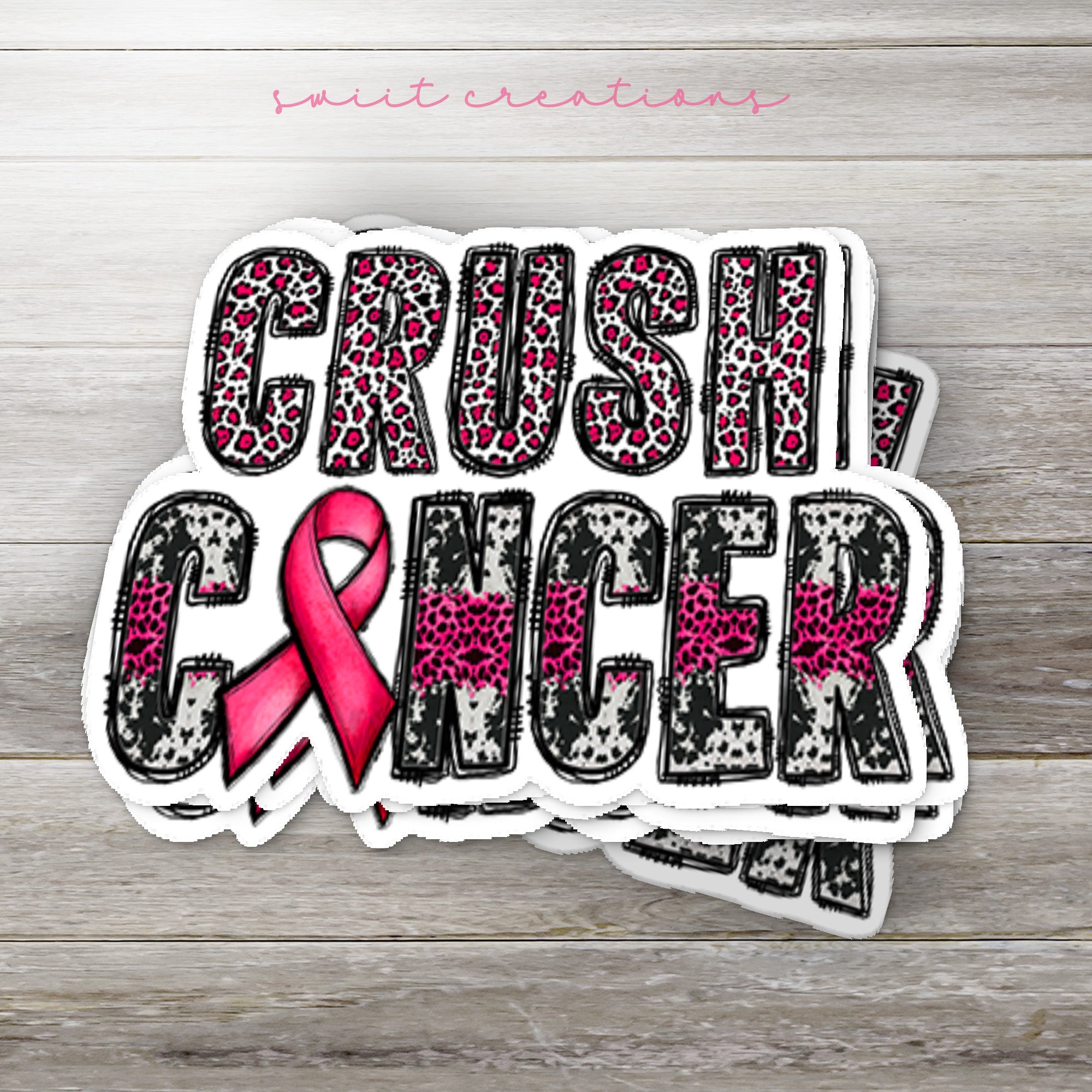 a sticker that says crush cancer with a pink ribbon