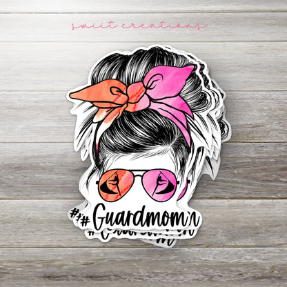 a sticker of a woman with a pink bow on her head